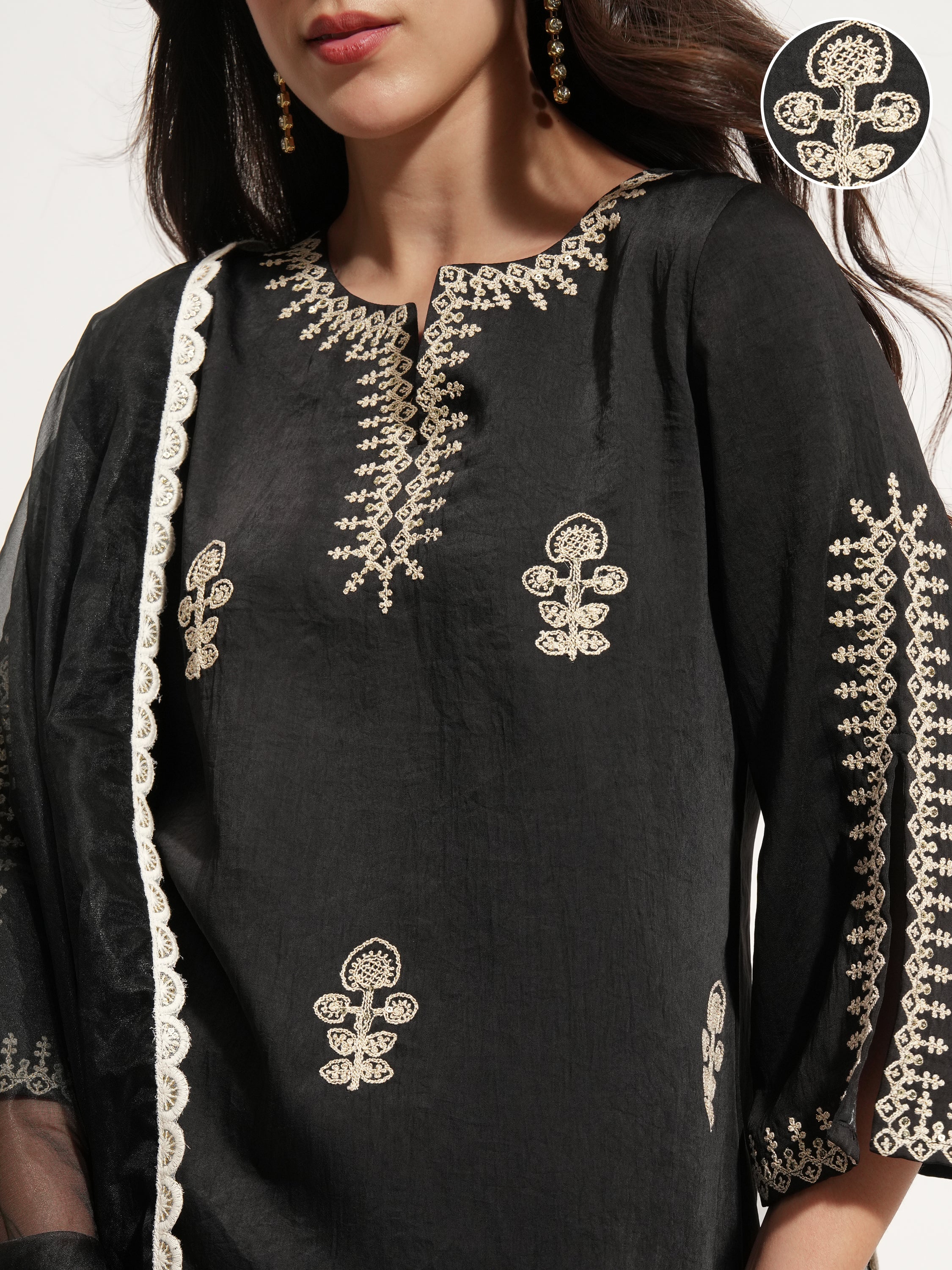 Vishudh Women Black Embroidered Kurta With Trouser And Dupatta - Black - Image 5
