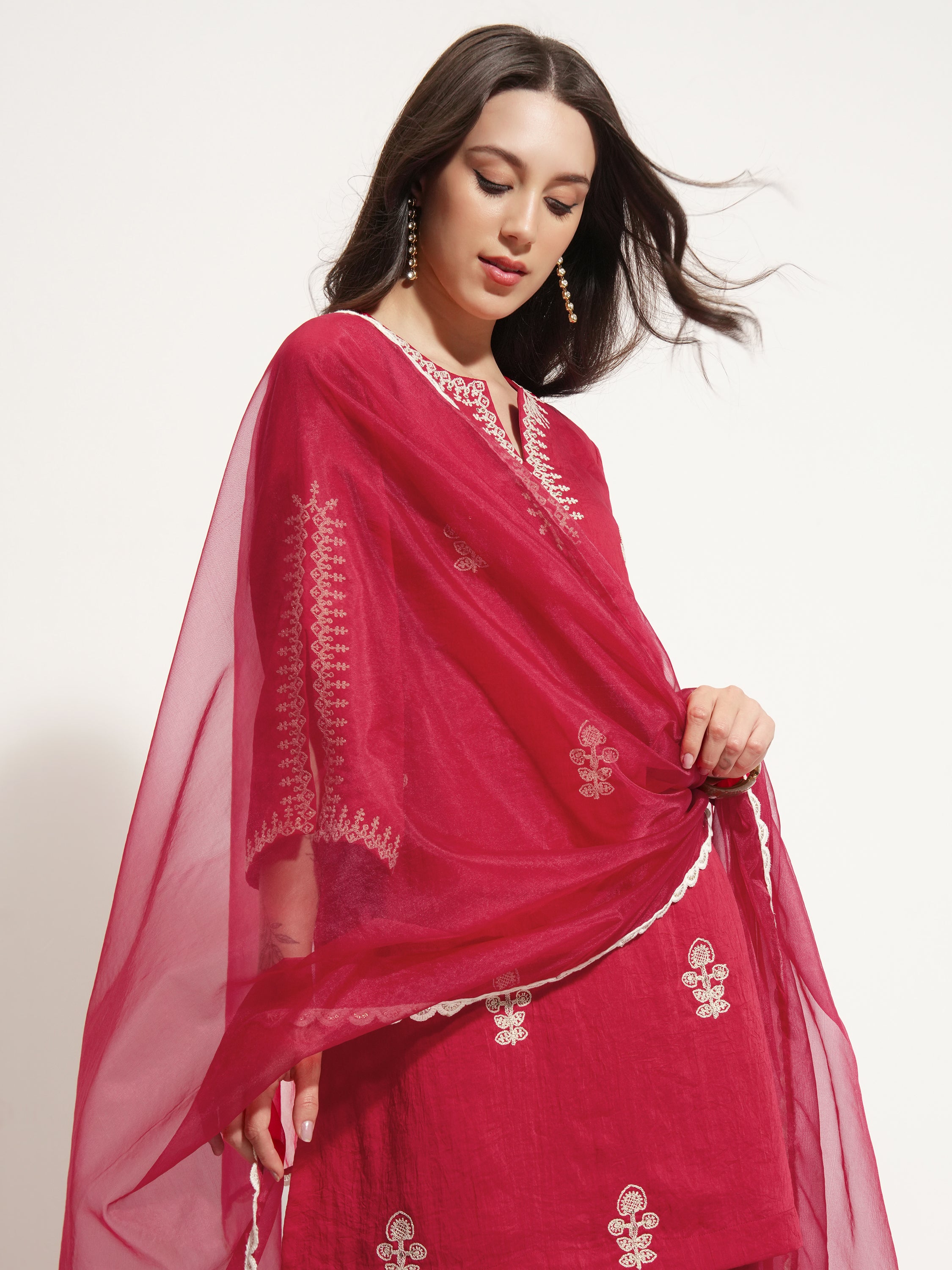Vishudh Women Red Embroidered Kurta With Trouser And Dupatta - Red - Image 1