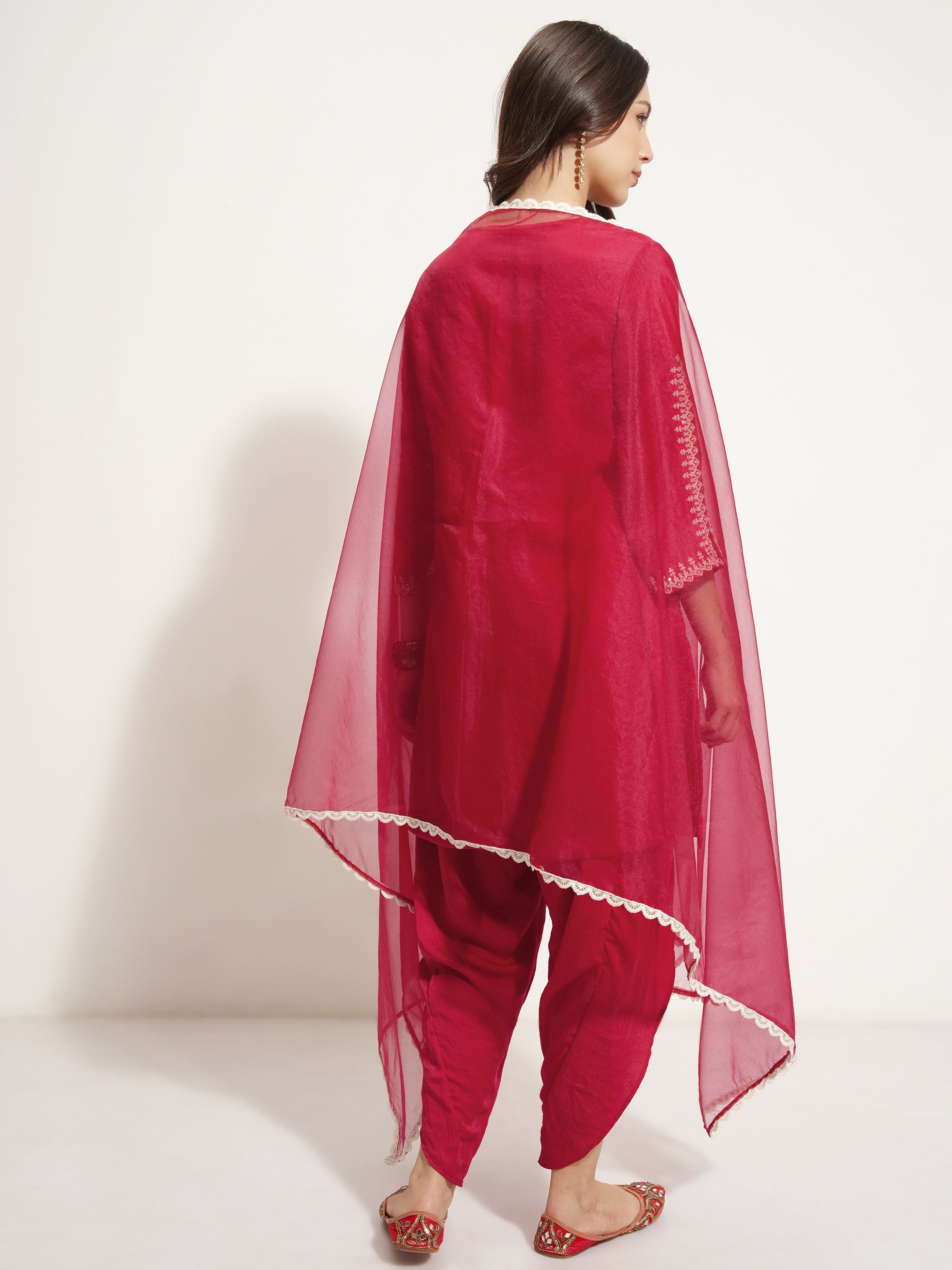 Vishudh Women Red Embroidered Kurta With Trouser And Dupatta - Red - Image 3