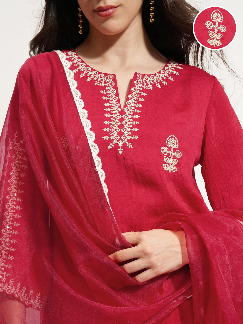 Vishudh Women Red Embroidered Kurta With Trouser And Dupatta - Red - Image 5