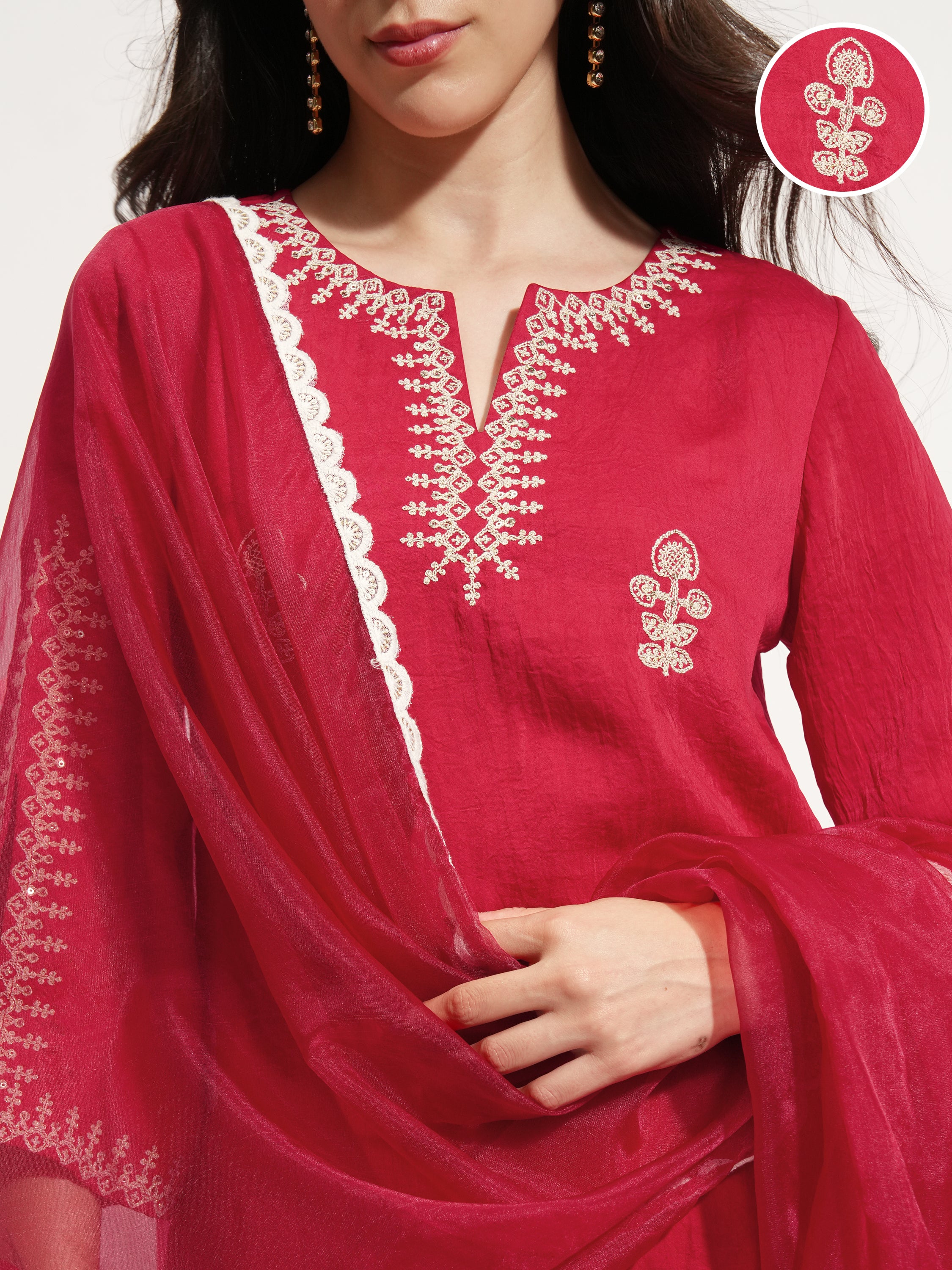 Vishudh Women Red Embroidered Kurta With Trouser And Dupatta - Red - Image 5