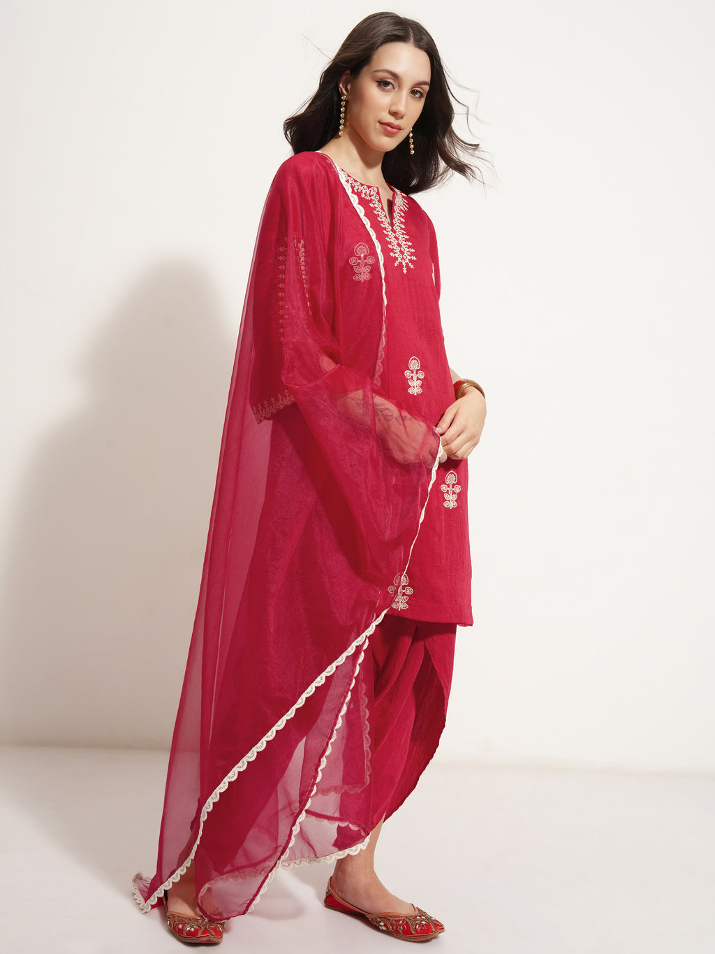 Vishudh Women Red Embroidered Kurta With Trouser And Dupatta - Red - Image 6