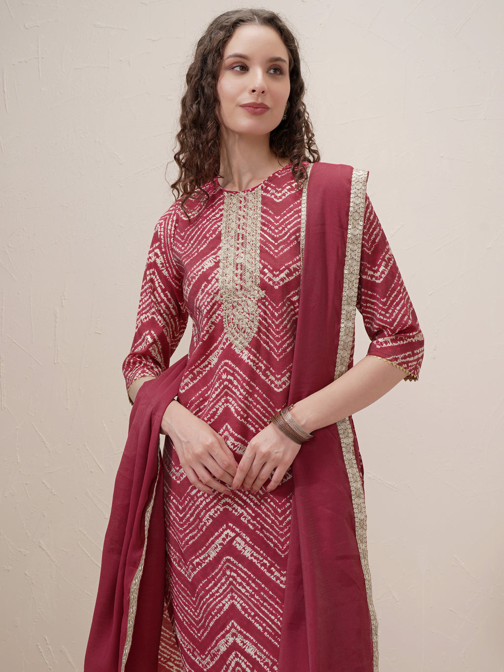 Vishudh Women Maroon Printed Kurta With Trouser And Dupatta - Maroon - Image 1
