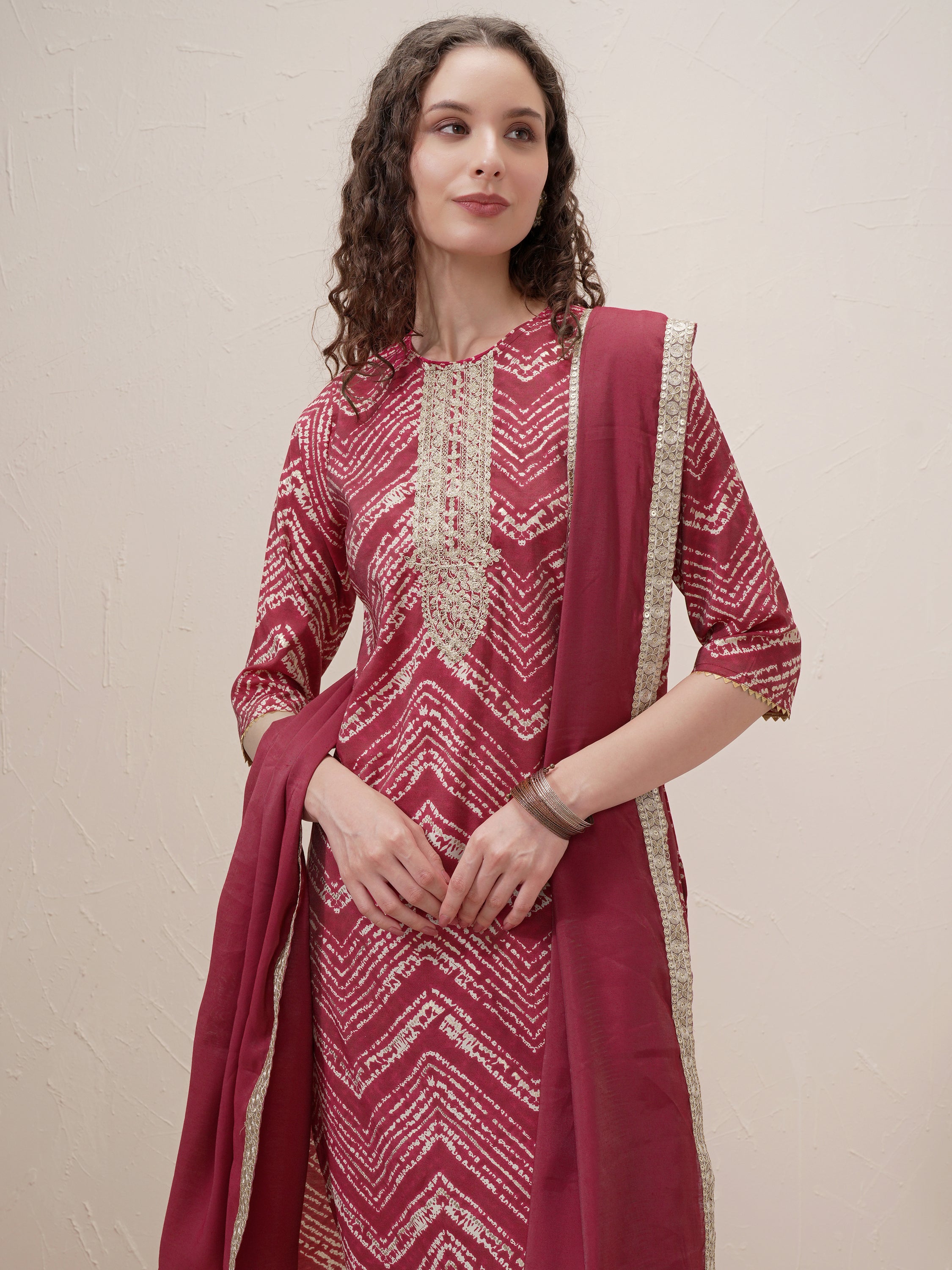 Vishudh Women Maroon Printed Kurta With Trouser And Dupatta - Maroon - Image 1