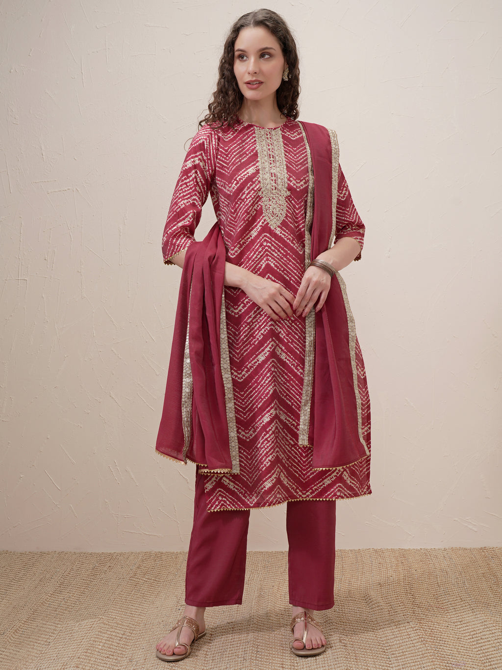 Vishudh Women Maroon Printed Kurta With Trouser And Dupatta - Maroon - Image 2