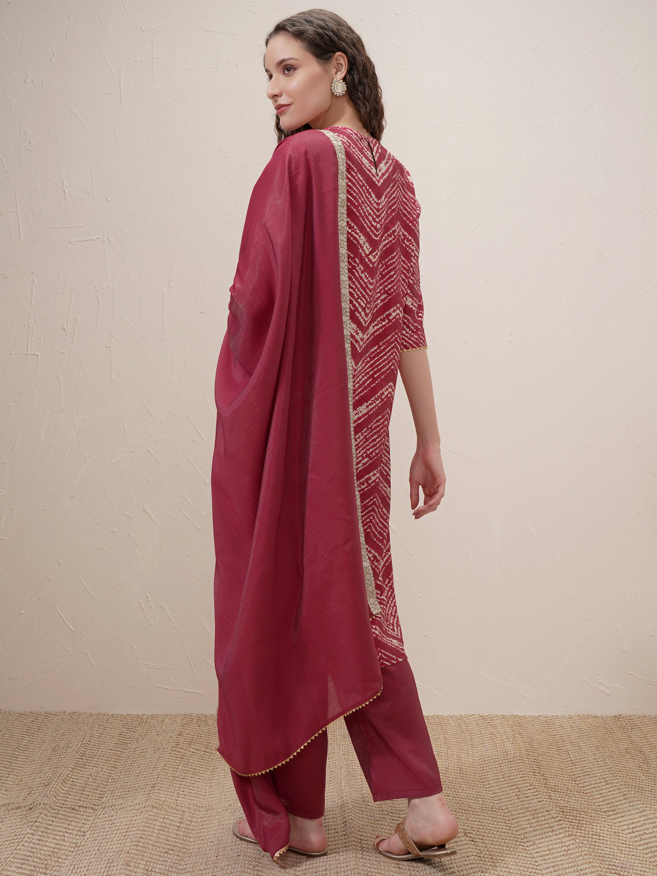 Vishudh Women Maroon Printed Kurta With Trouser And Dupatta - Maroon - Image 3