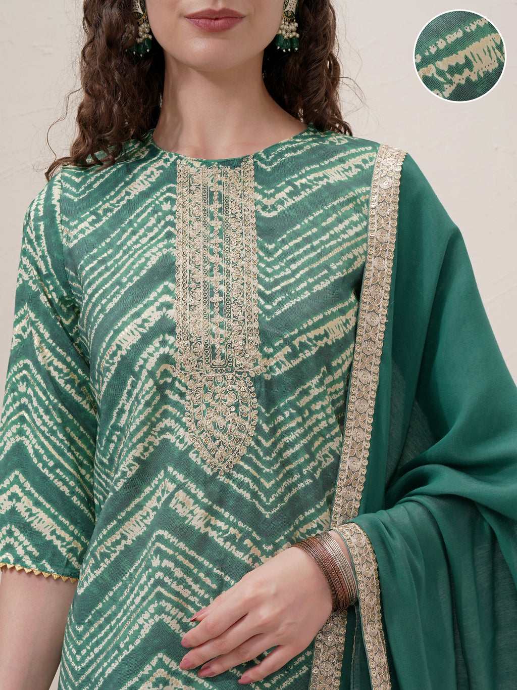 Vishudh Women Green Printed Kurta With Trouser And Dupatta - Green - Image 5