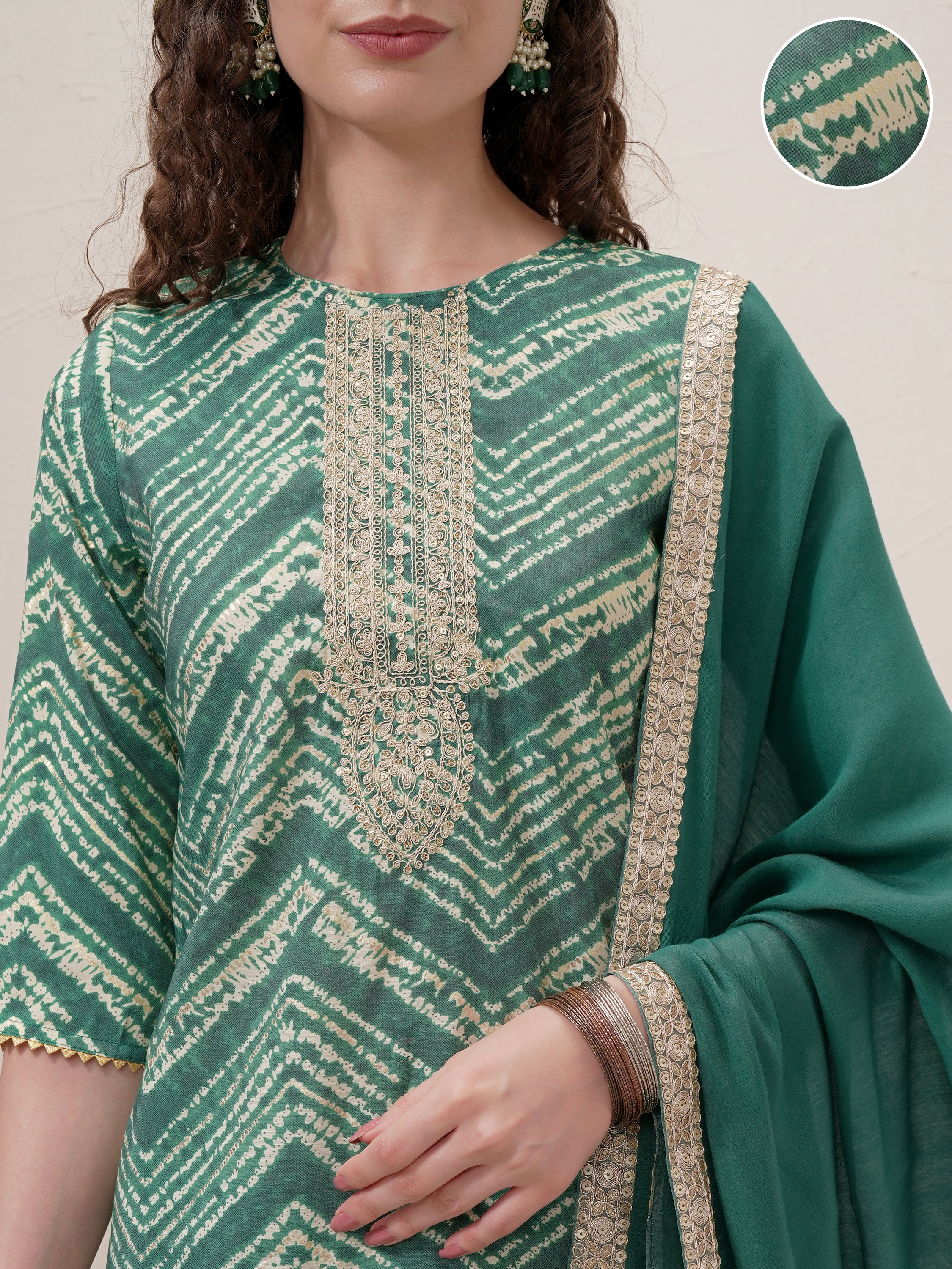 Vishudh Women Green Printed Kurta With Trouser And Dupatta - Green - Image 5