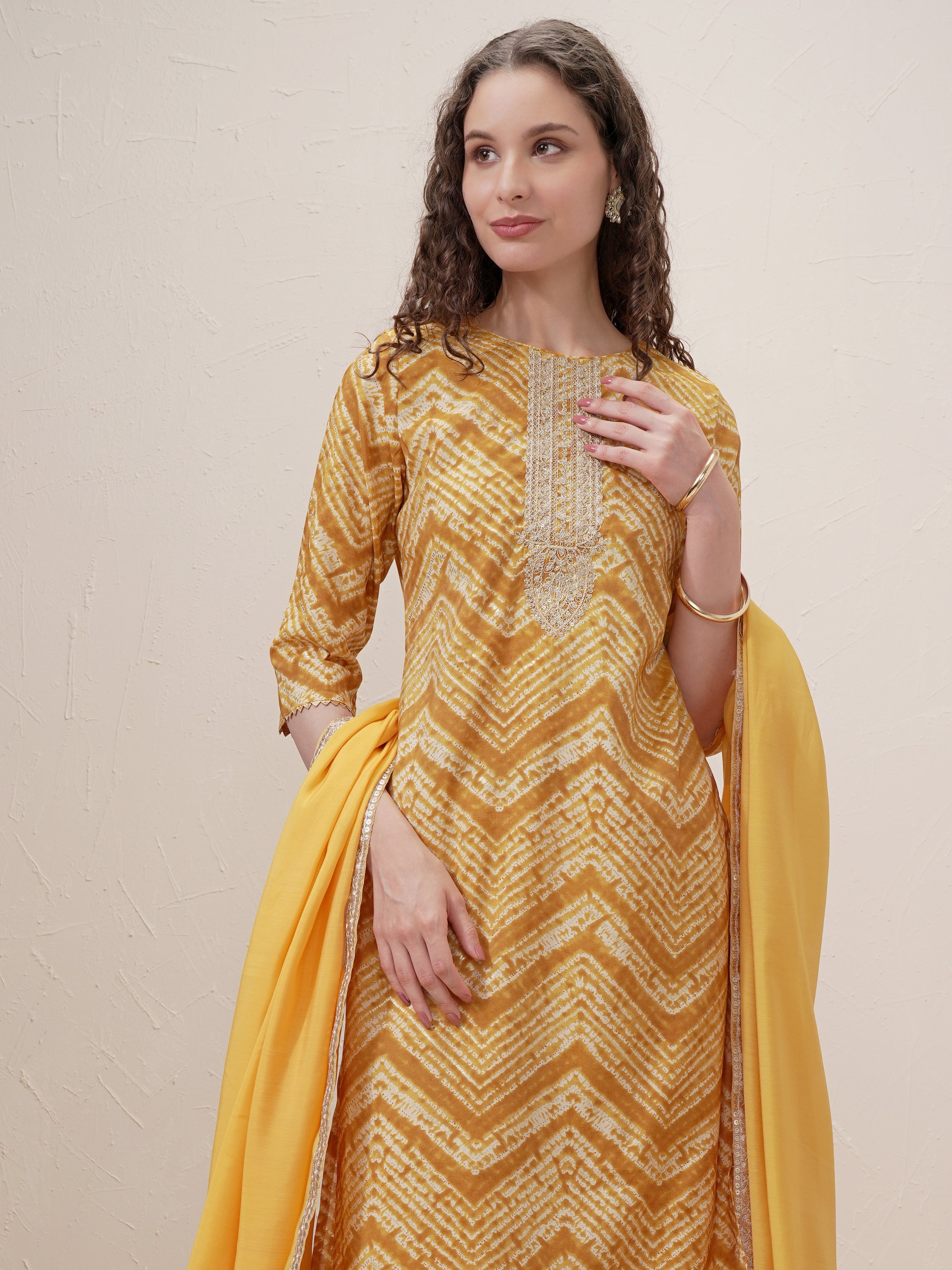 Vishudh Women Mustard Printed Kurta With Trouser And Dupatta - Mustard - Image 1