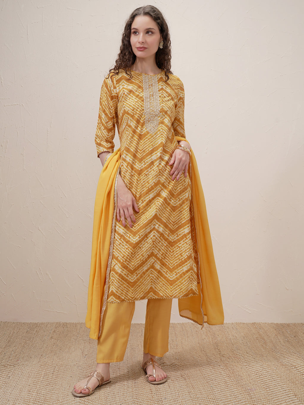 Vishudh Women Mustard Printed Kurta With Trouser And Dupatta - Mustard - Image 2