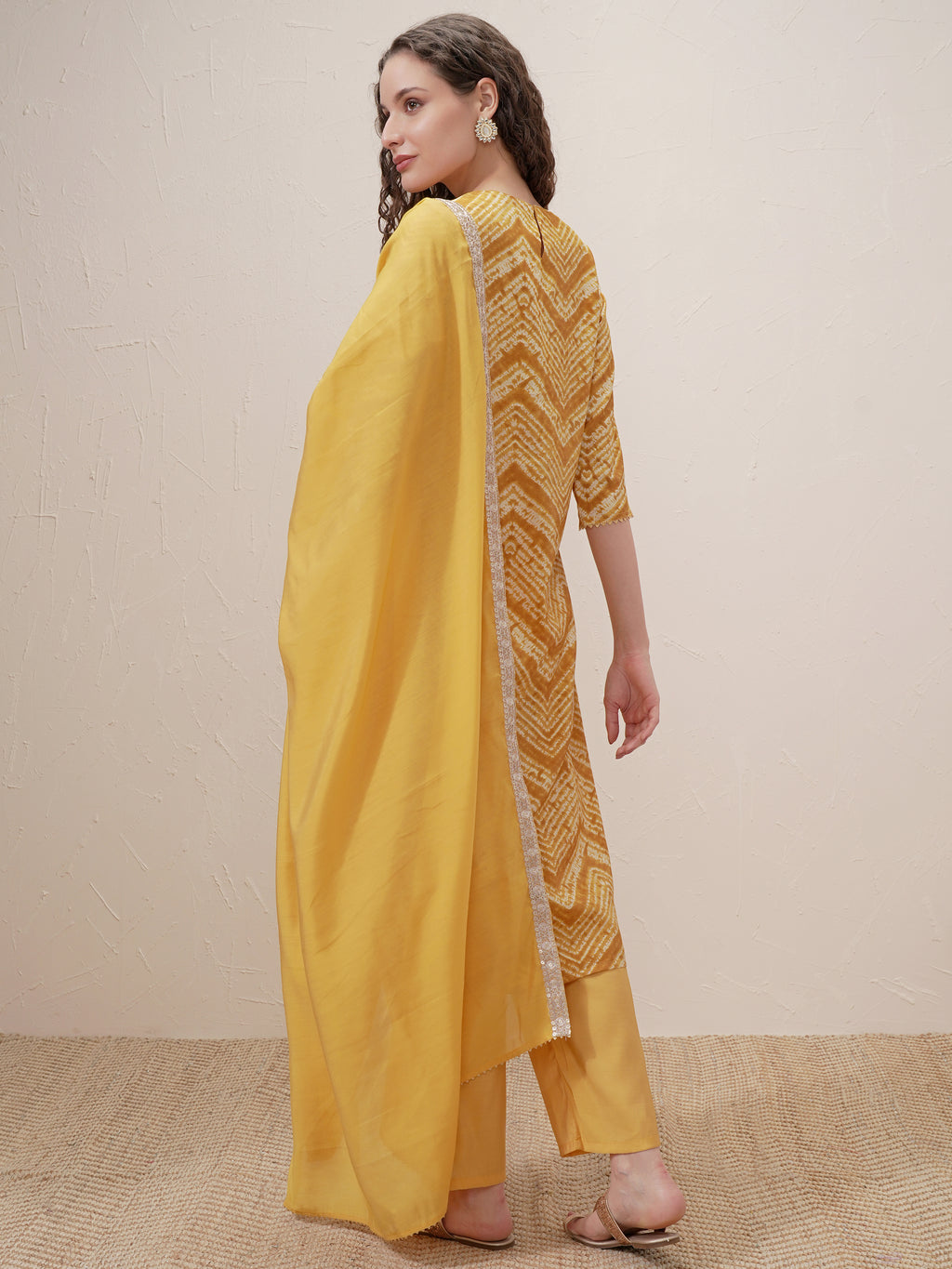 Vishudh Women Mustard Printed Kurta With Trouser And Dupatta - Mustard - Image 3