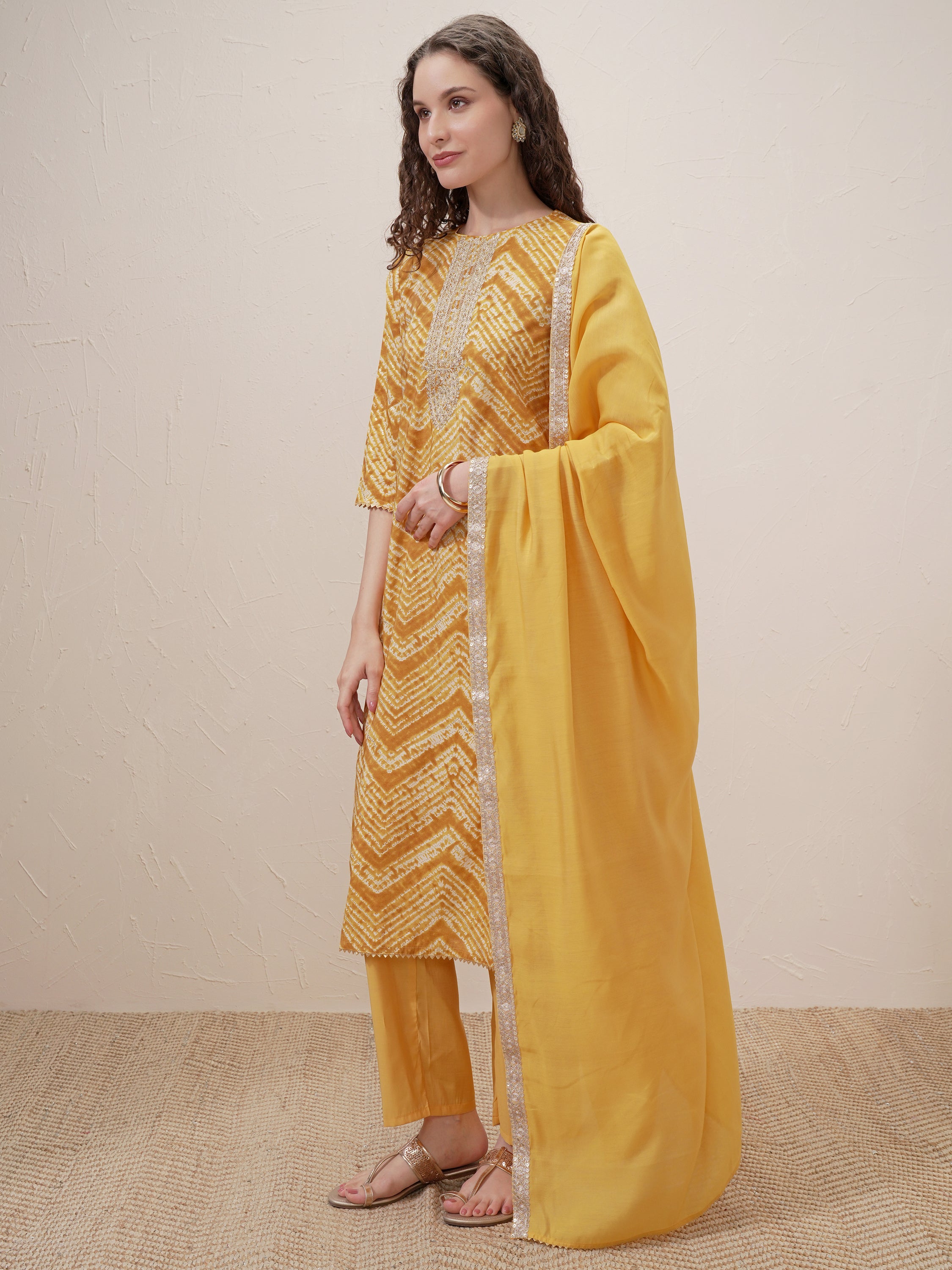 Vishudh Women Mustard Printed Kurta With Trouser And Dupatta - Mustard - Image 4
