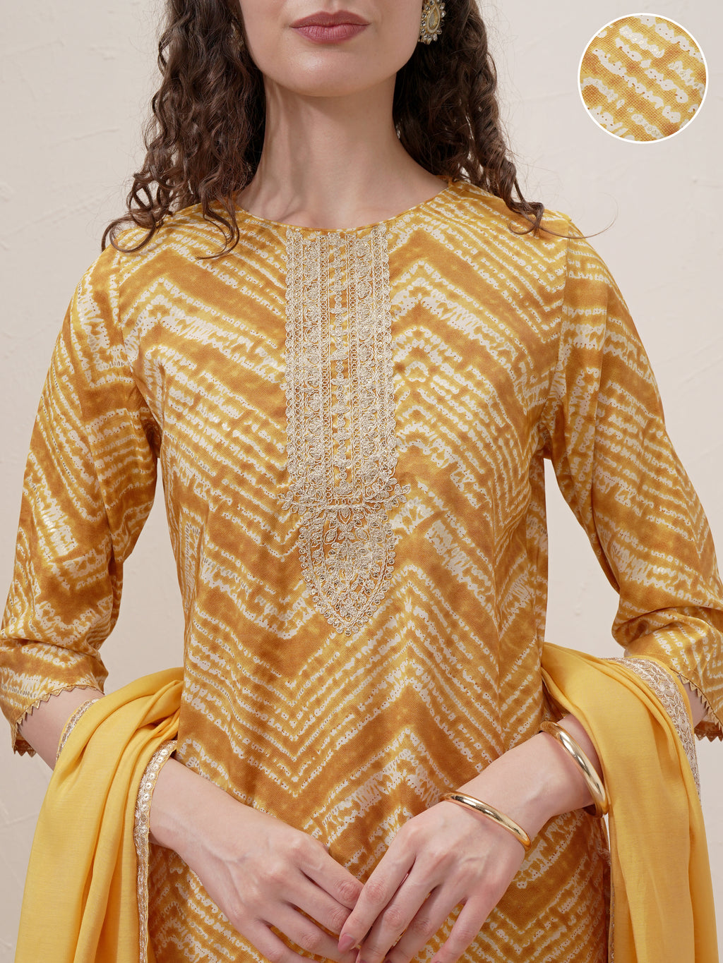 Vishudh Women Mustard Printed Kurta With Trouser And Dupatta - Mustard - Image 5
