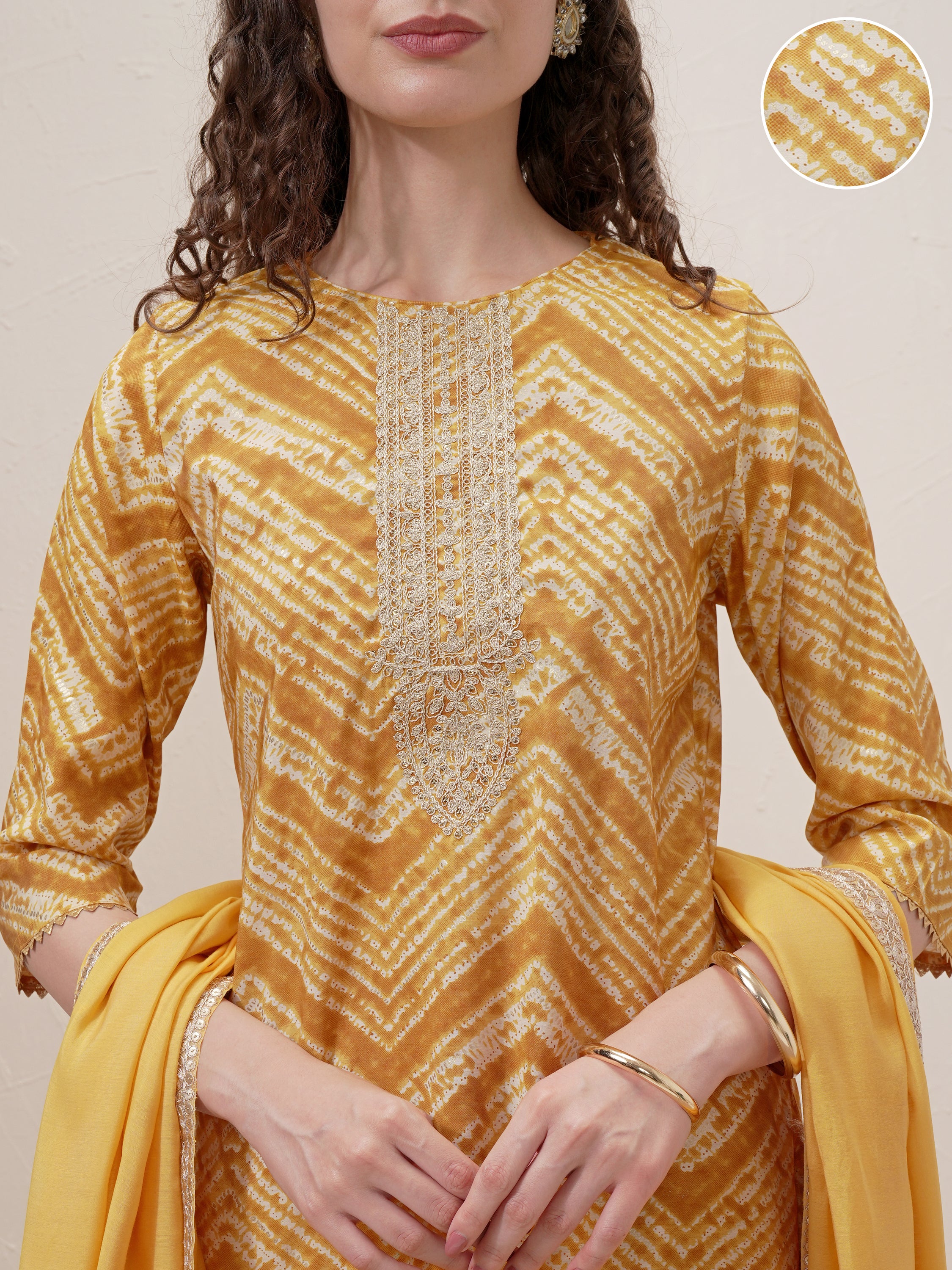 Vishudh Women Mustard Printed Kurta With Trouser And Dupatta - Mustard - Image 5