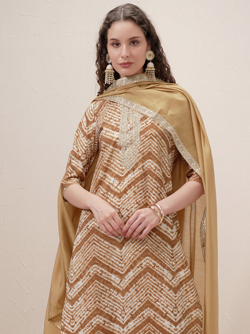 Vishudh Women Brown Printed Kurta With Trouser And Dupatta - Brown - Image 1