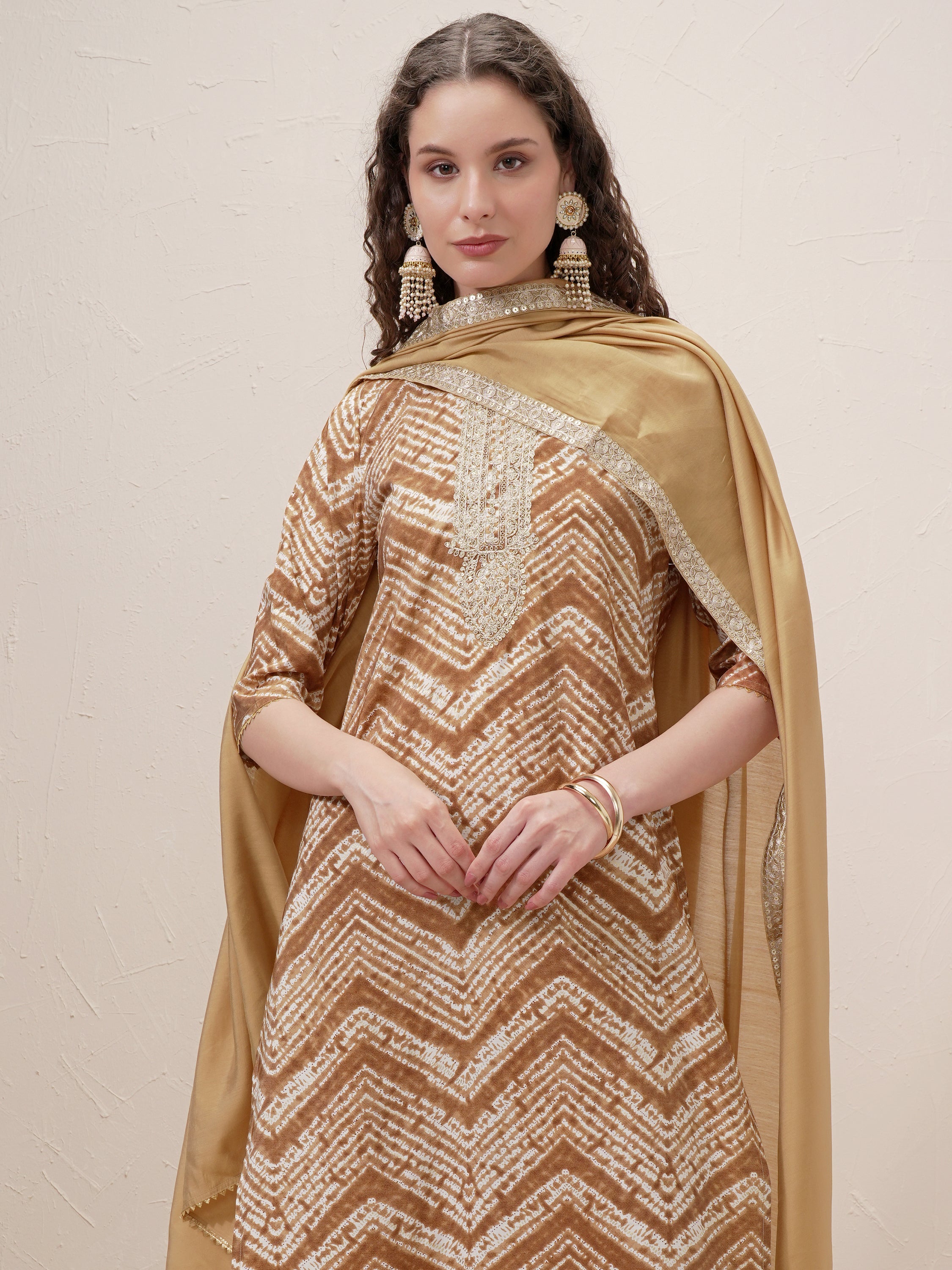 Vishudh Women Brown Printed Kurta With Trouser And Dupatta - Brown - Image 1
