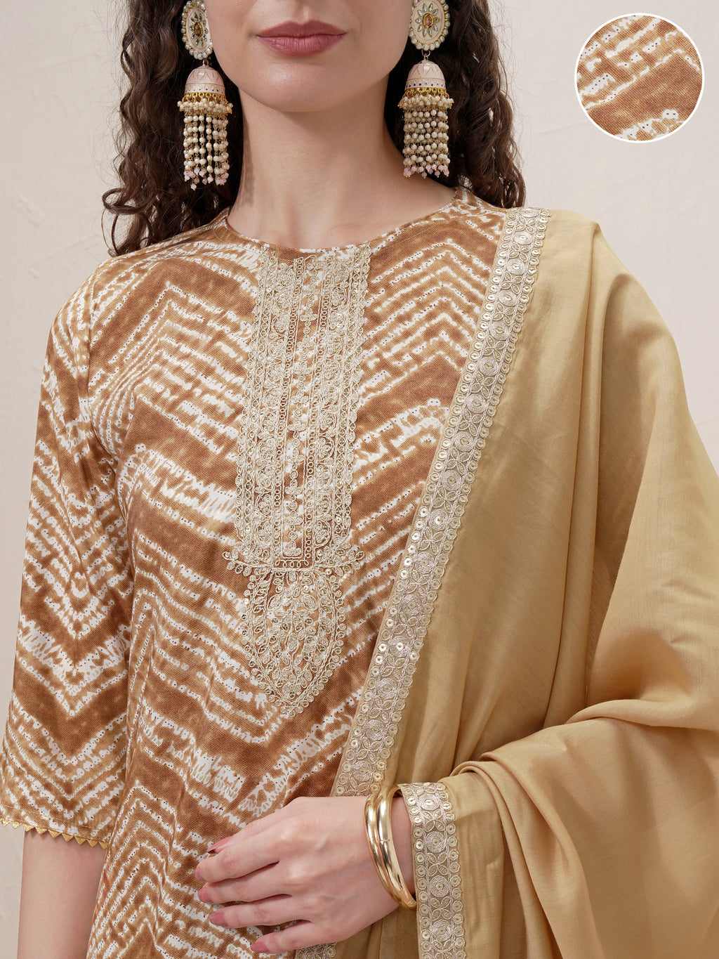 Vishudh Women Brown Printed Kurta With Trouser And Dupatta - Brown - Image 5