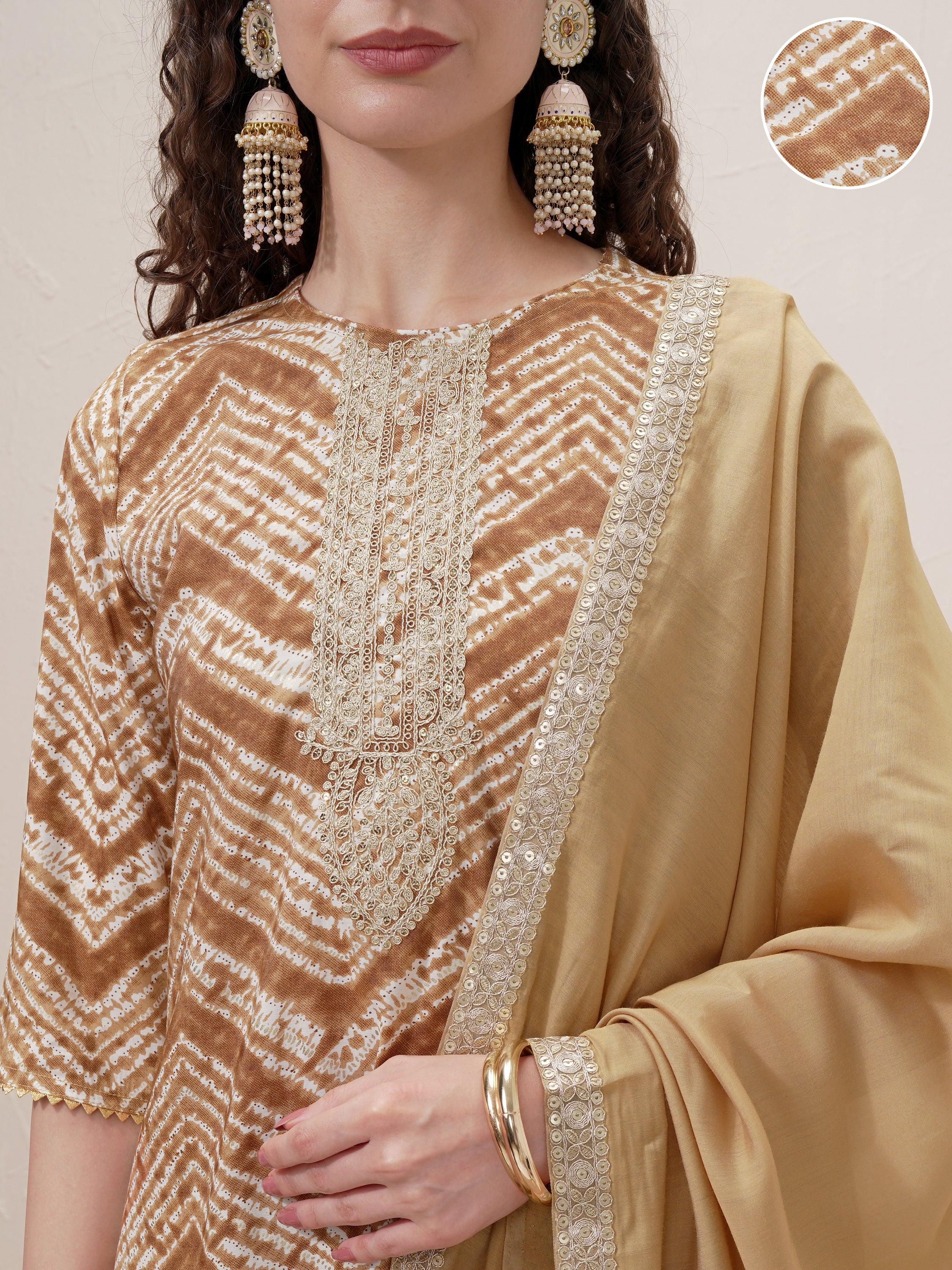 Vishudh Women Brown Printed Kurta With Trouser And Dupatta - Brown - Image 5