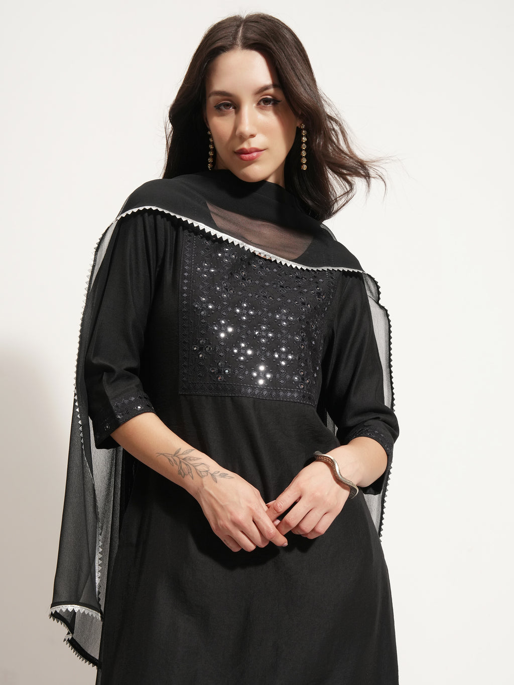 Vishudh Women Black Embroidered Kurta With Trouser And Dupatta - Black - Image 1