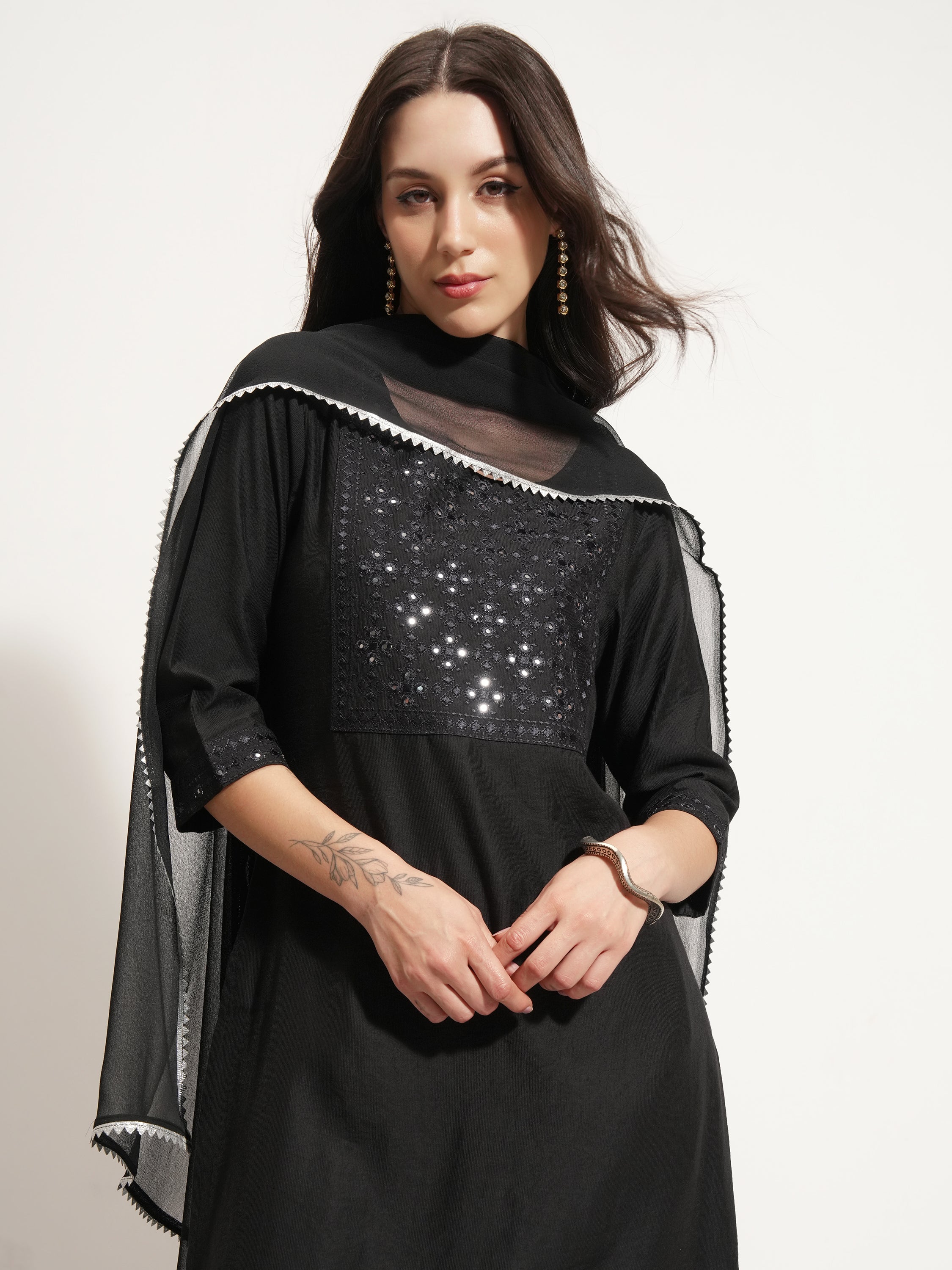 Vishudh Women Black Embroidered Kurta With Trouser And Dupatta - Black - Image 1