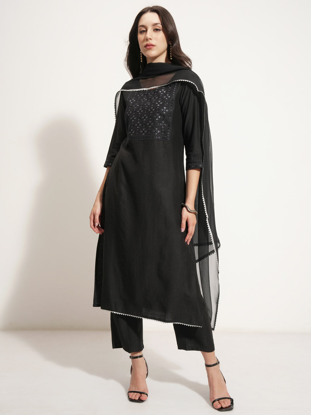 Vishudh Women Black Embroidered Kurta With Trouser And Dupatta - Black - Image 2