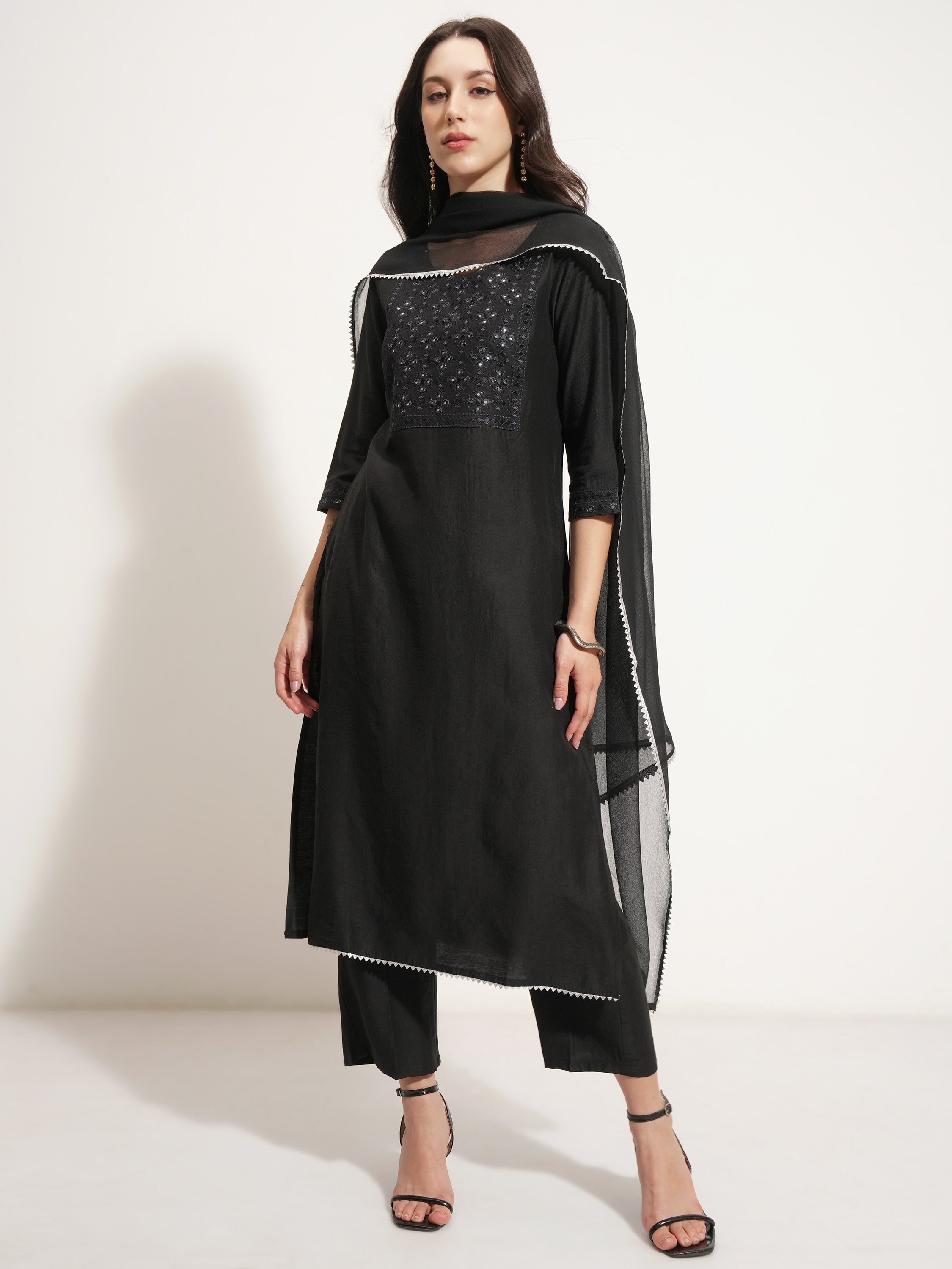 Vishudh Women Black Embroidered Kurta With Trouser And Dupatta - Black - Image 2