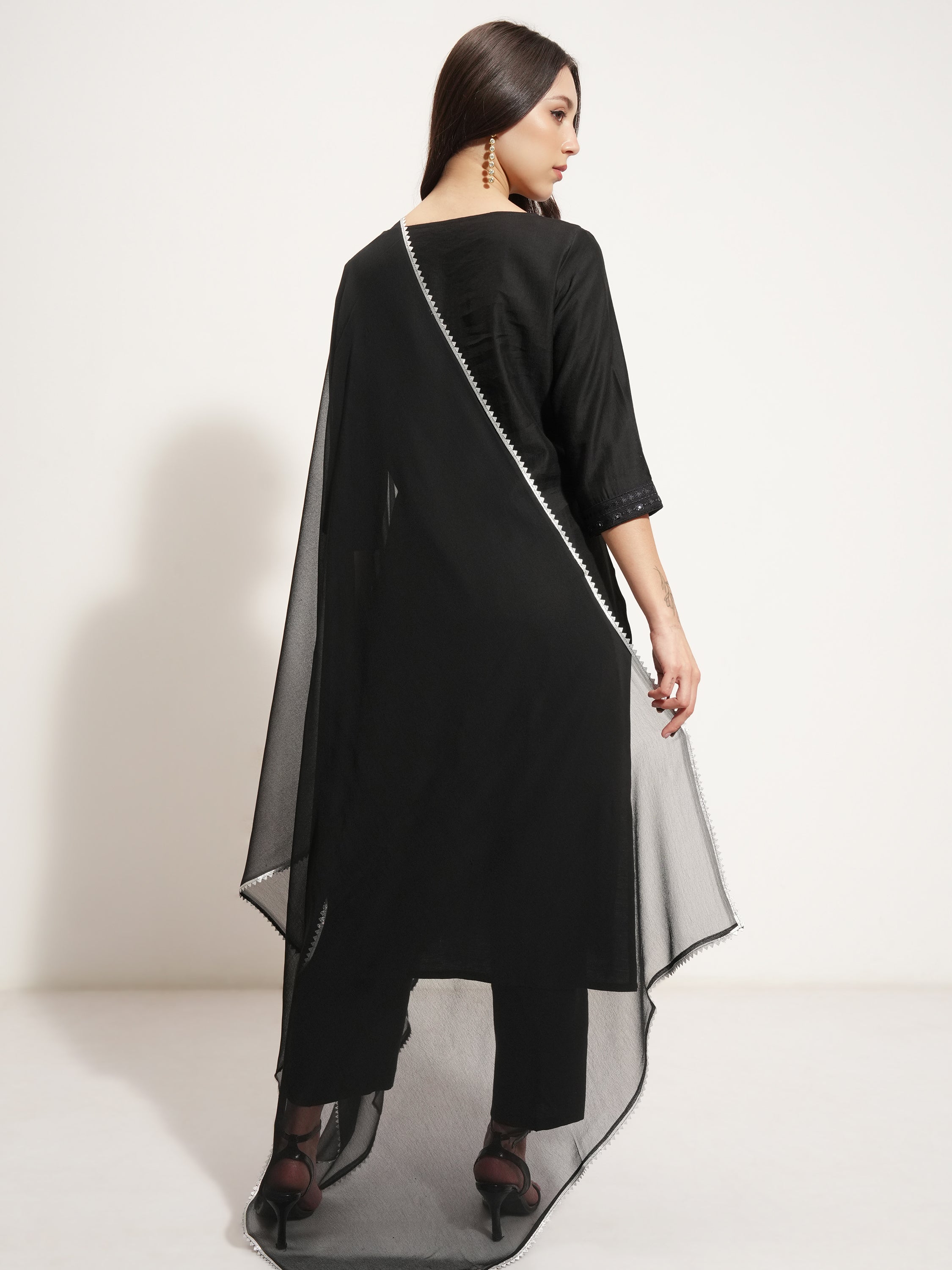 Vishudh Women Black Embroidered Kurta With Trouser And Dupatta - Black - Image 3