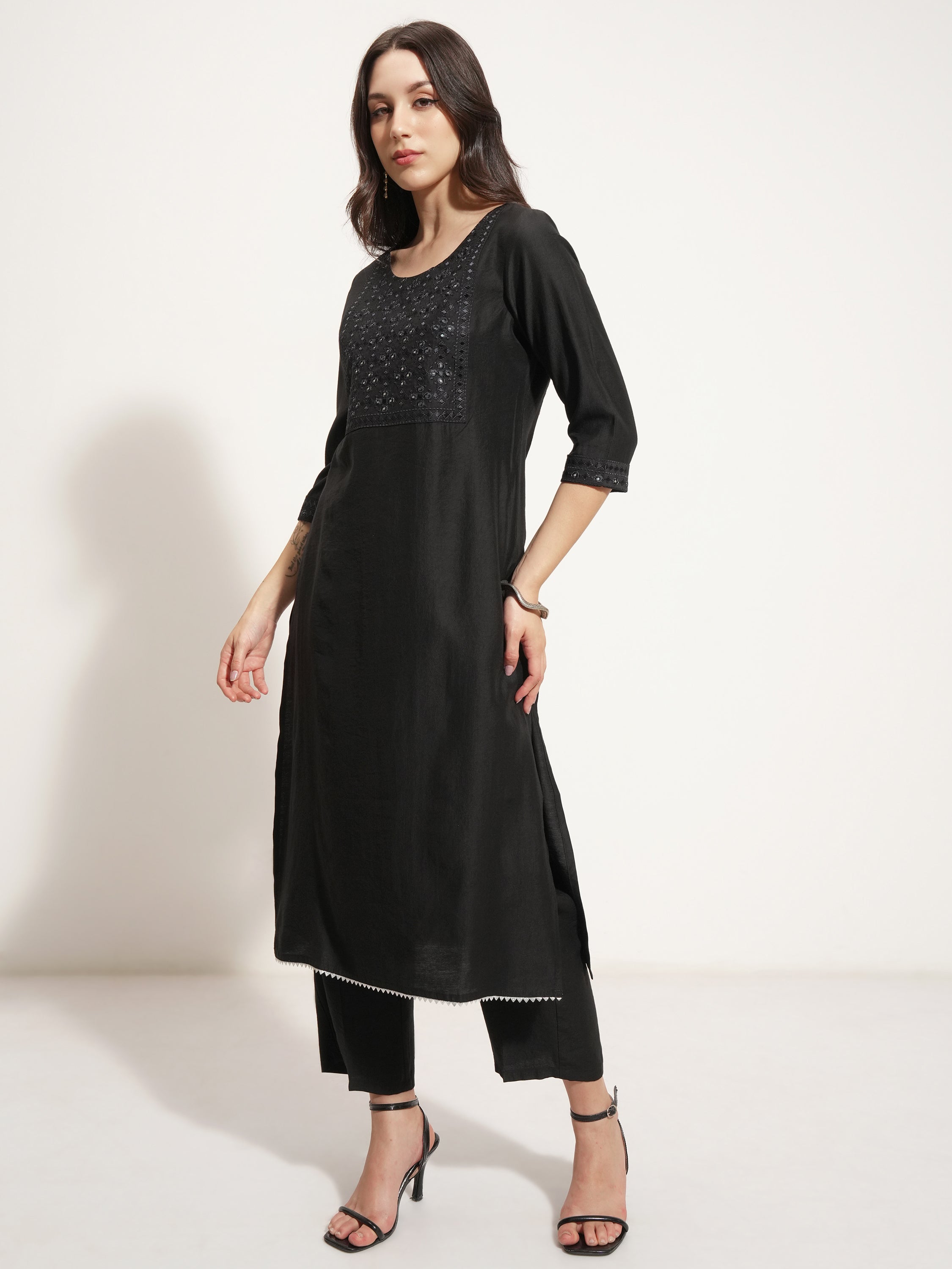 Vishudh Women Black Embroidered Kurta With Trouser And Dupatta - Black - Image 4