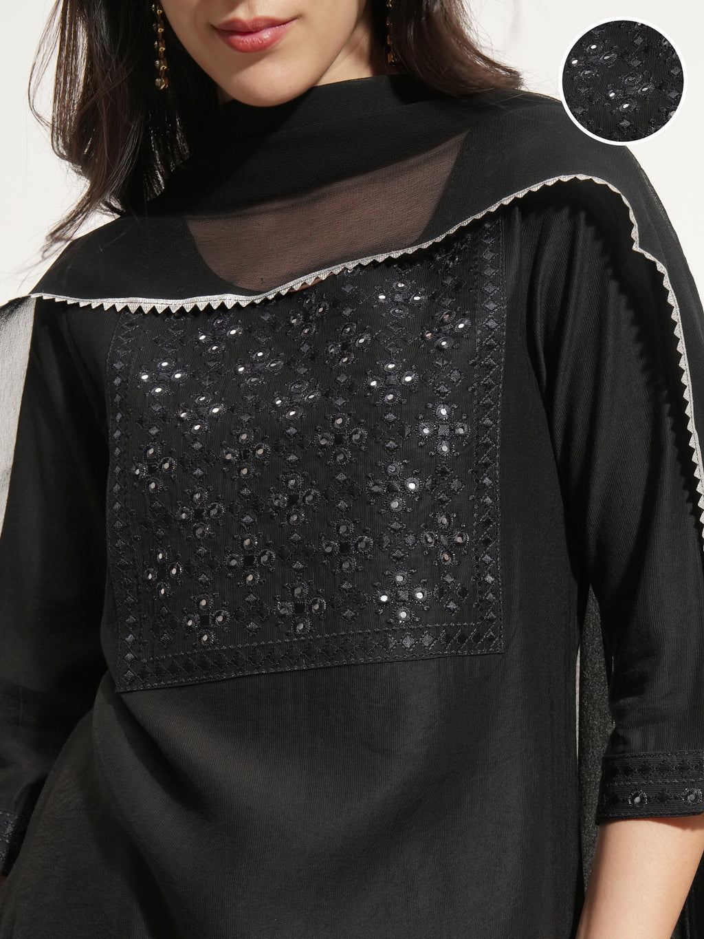 Vishudh Women Black Embroidered Kurta With Trouser And Dupatta - Black - Image 5