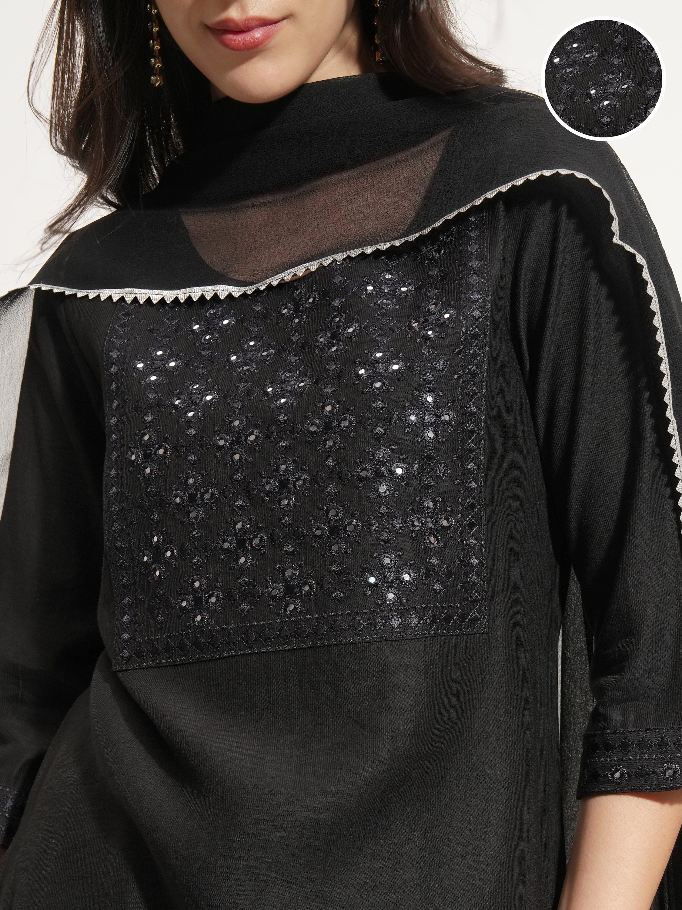 Vishudh Women Black Embroidered Kurta With Trouser And Dupatta - Black - Image 5