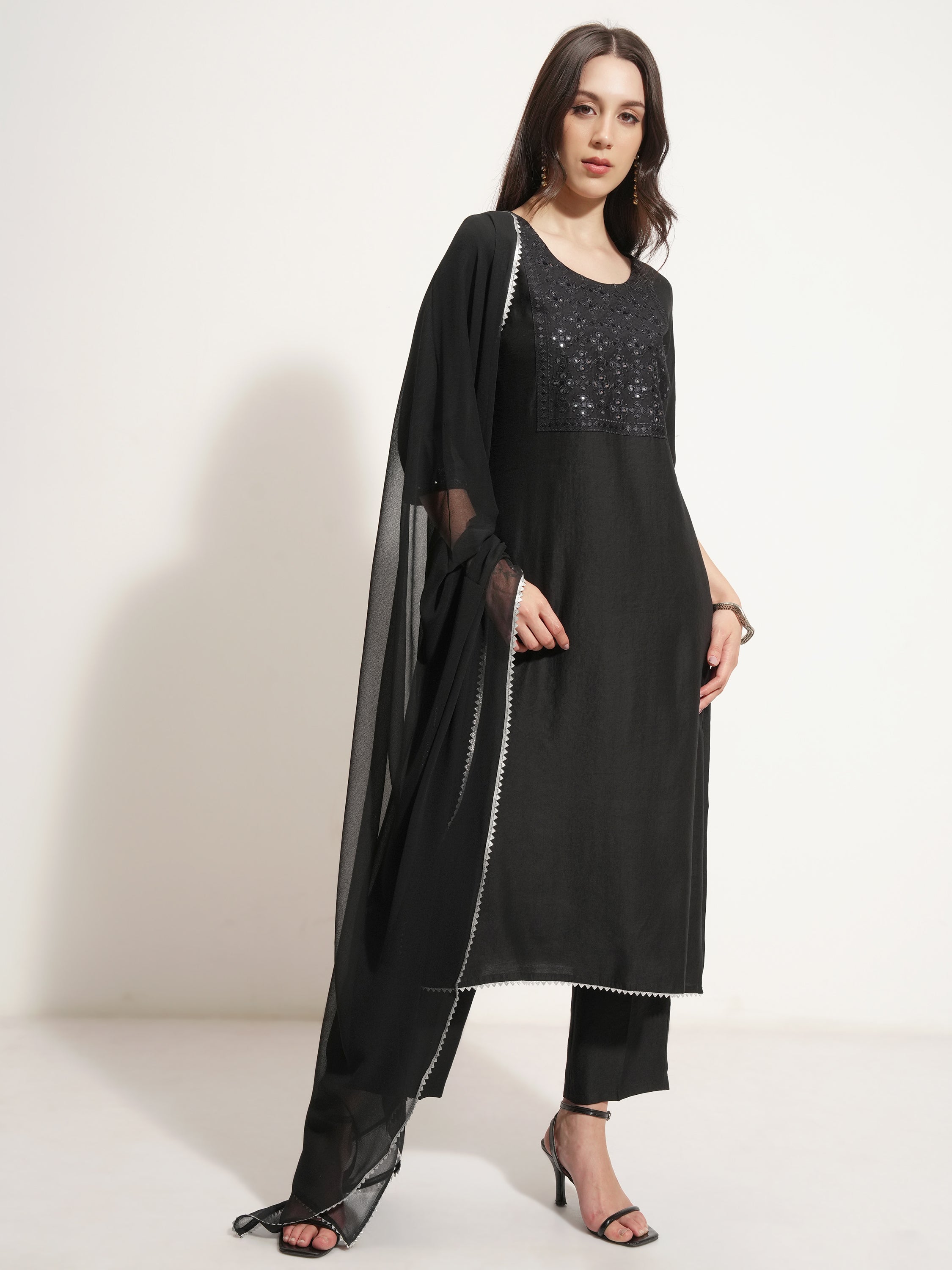 Vishudh Women Black Embroidered Kurta With Trouser And Dupatta - Black - Image 6