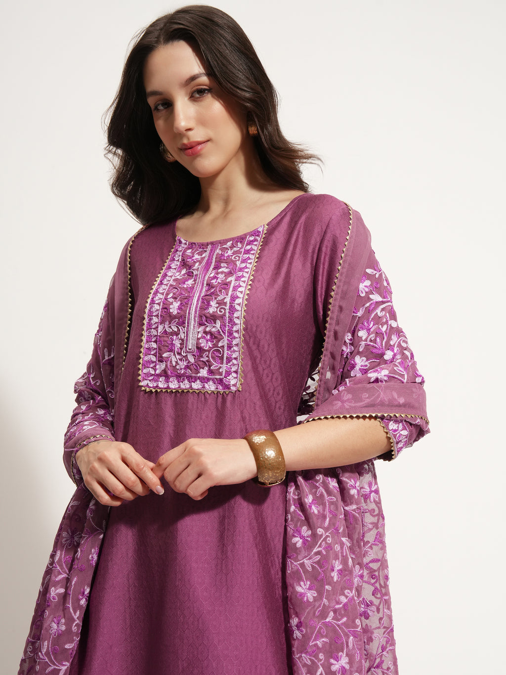 Vishudh Women Lavender Embroidered Kurta With Trouser And Dupatta - Lavender - Image 1