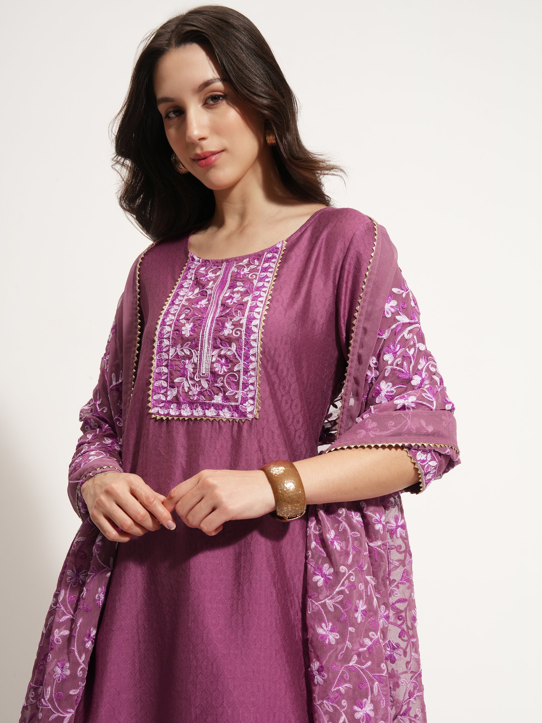 Vishudh Women Lavender Embroidered Kurta With Trouser And Dupatta - Lavender - Image 1