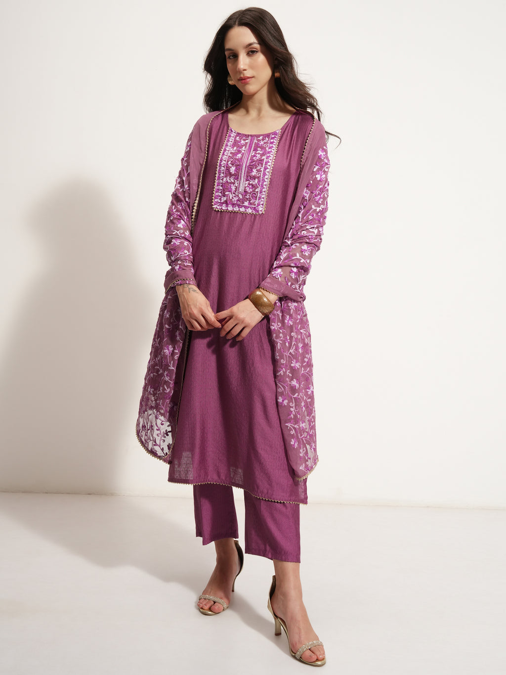 Vishudh Women Lavender Embroidered Kurta With Trouser And Dupatta - Lavender - Image 2
