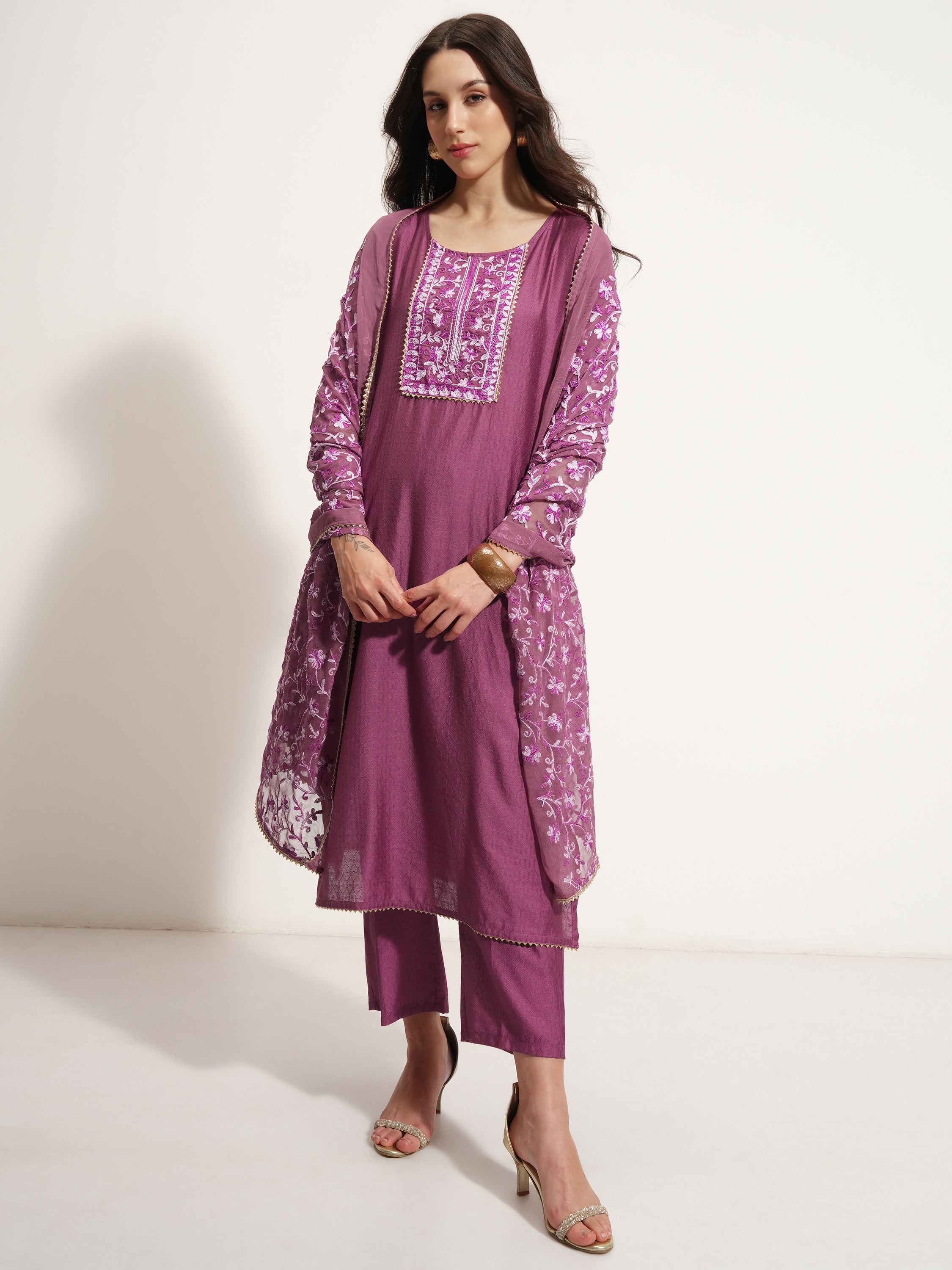Vishudh Women Lavender Embroidered Kurta With Trouser And Dupatta - Lavender - Image 2