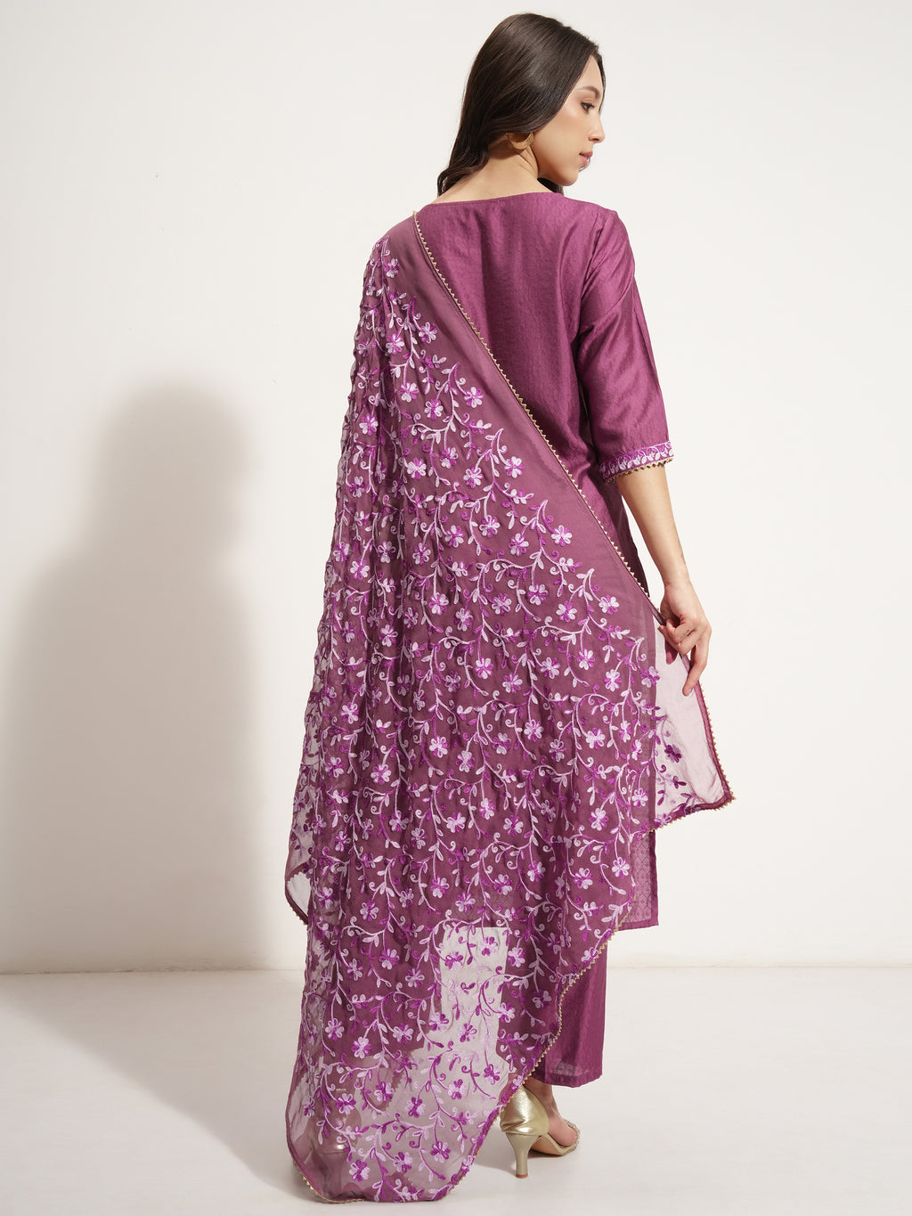 Vishudh Women Lavender Embroidered Kurta With Trouser And Dupatta - Lavender - Image 3