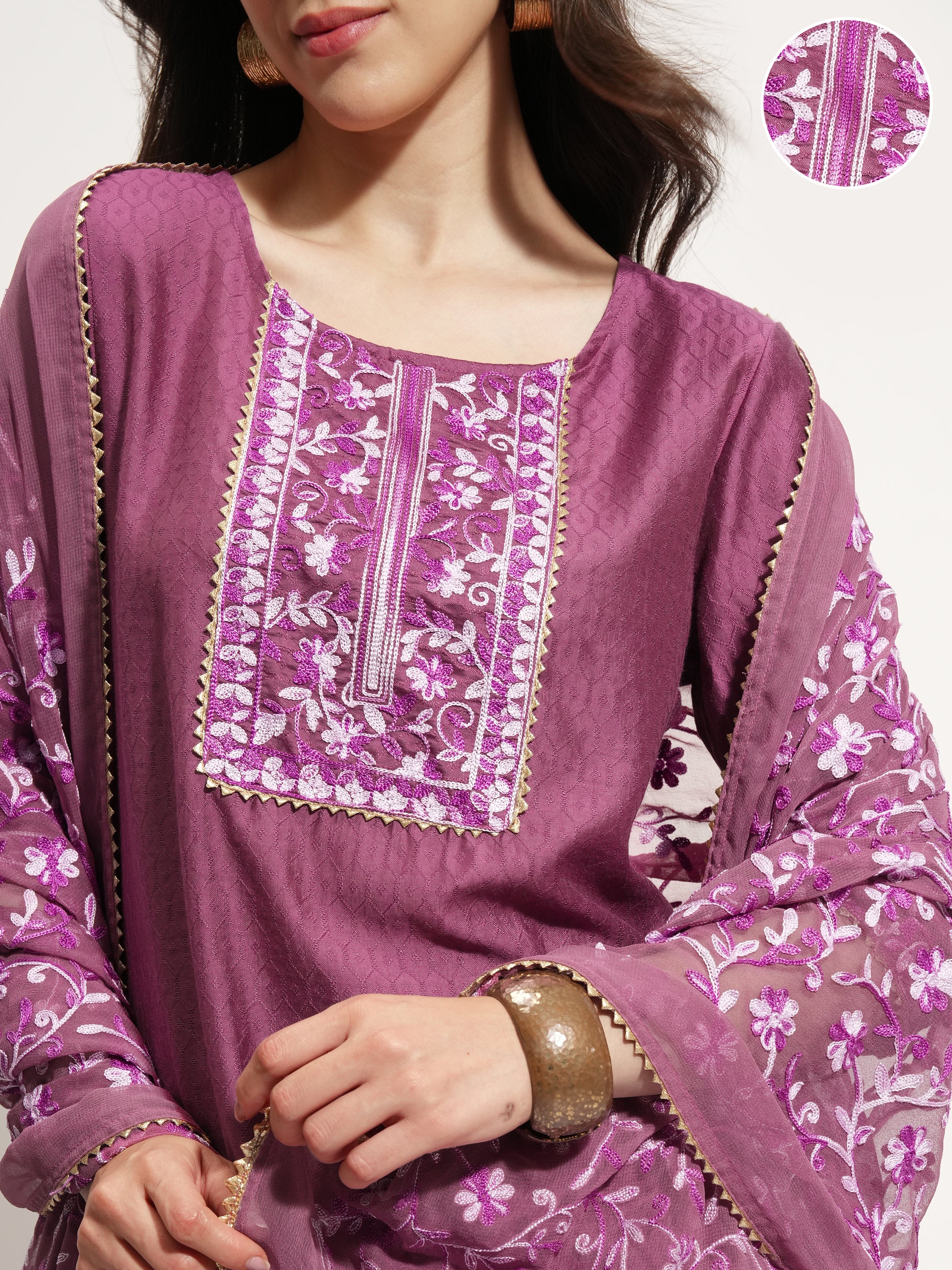 Vishudh Women Lavender Embroidered Kurta With Trouser And Dupatta - Lavender - Image 5