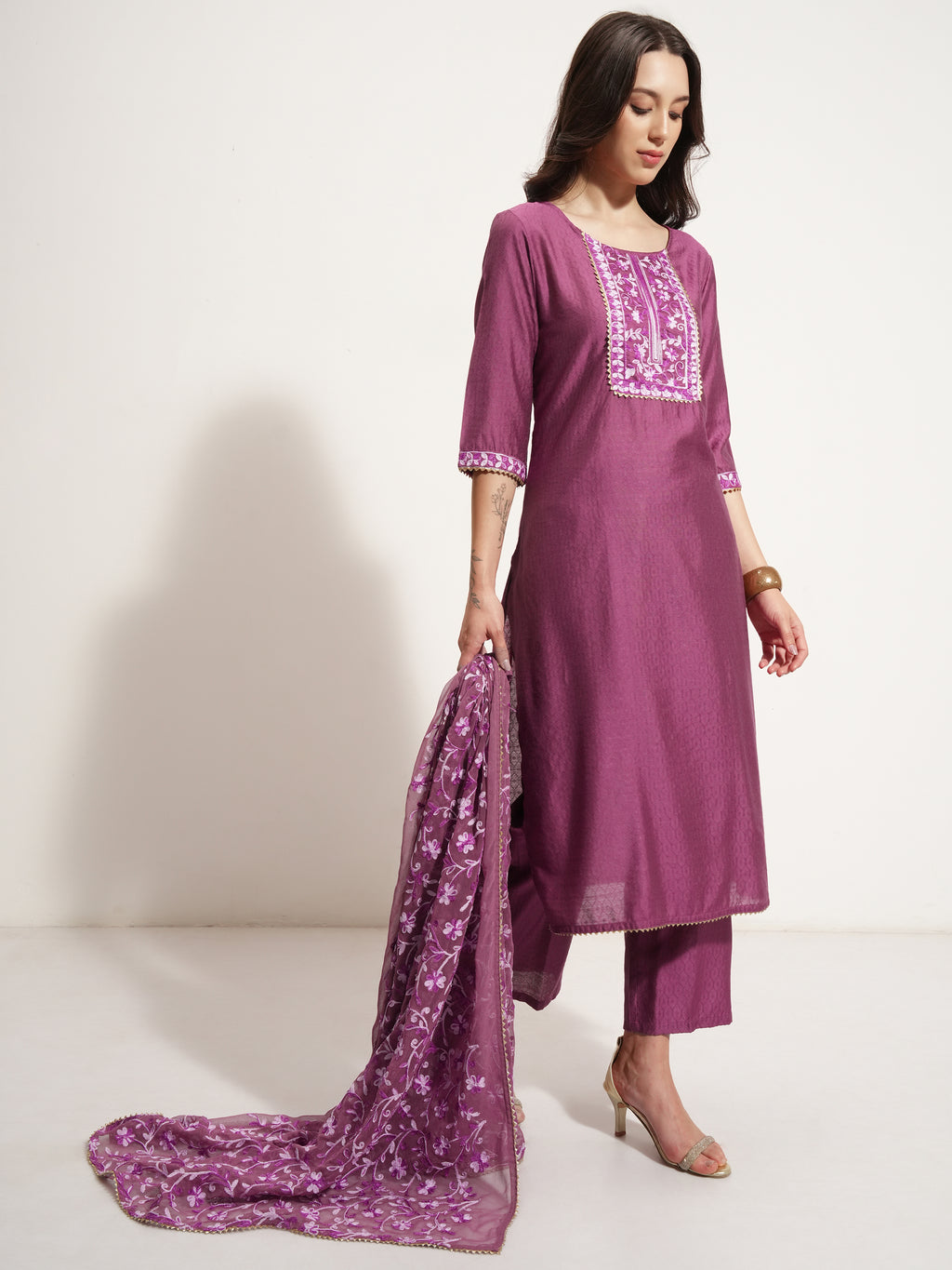 Vishudh Women Lavender Embroidered Kurta With Trouser And Dupatta - Lavender - Image 6