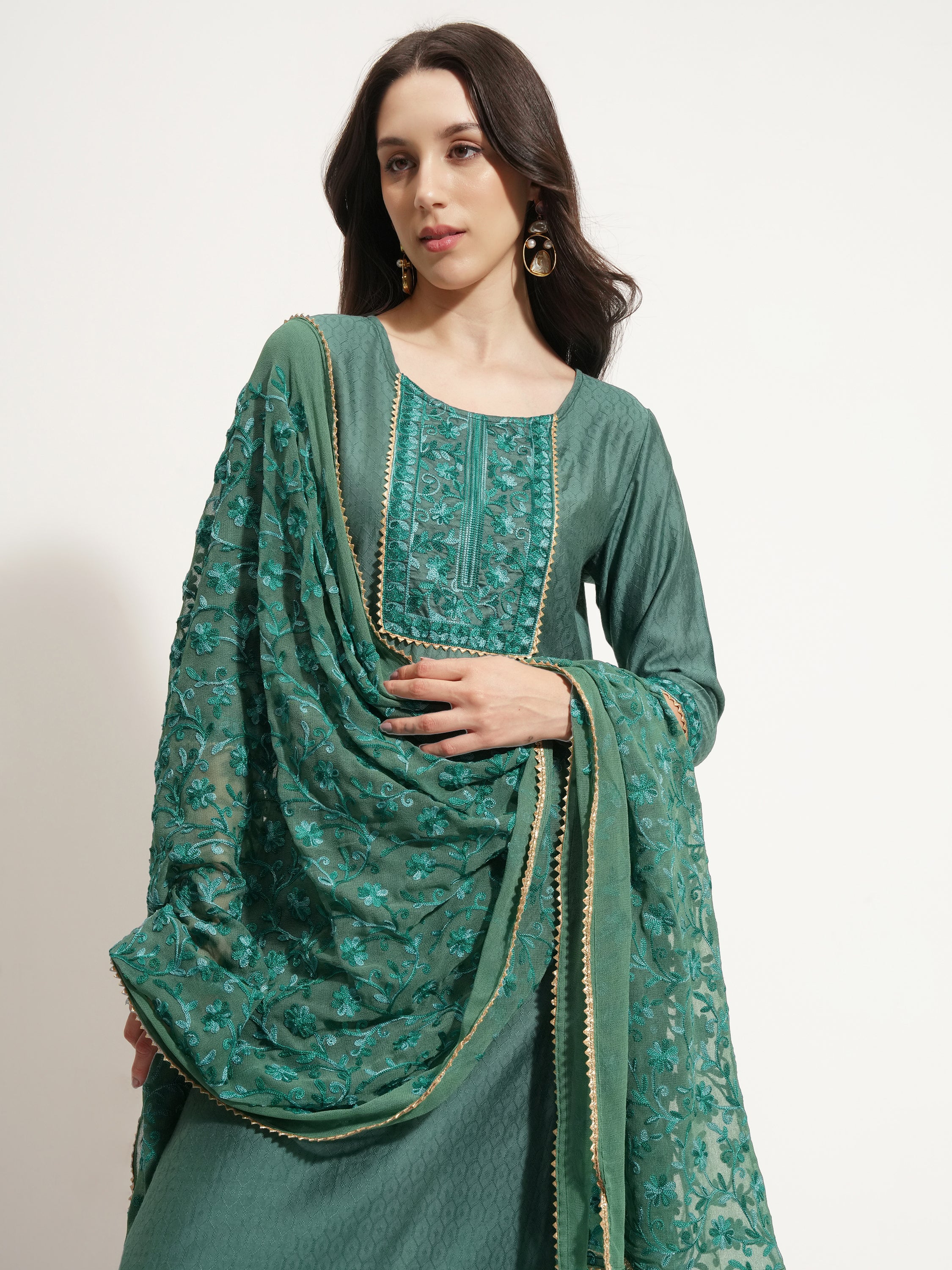 Vishudh Women Green Embroidered Kurta With Trouser And Dupatta - Green - Image 1