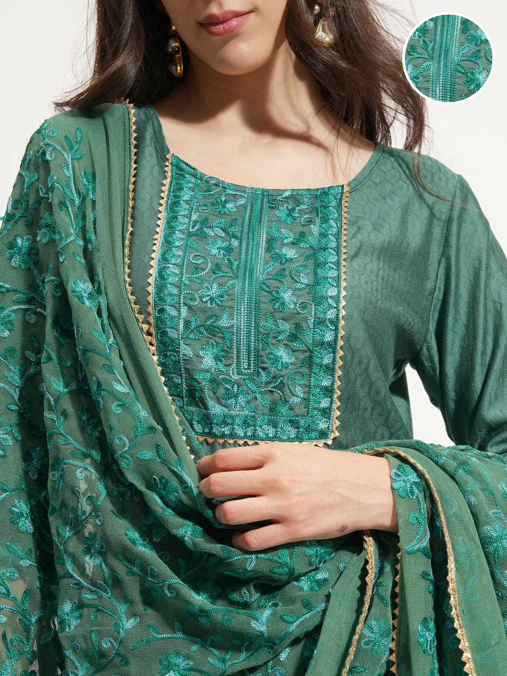 Vishudh Women Green Embroidered Kurta With Trouser And Dupatta - Green - Image 5