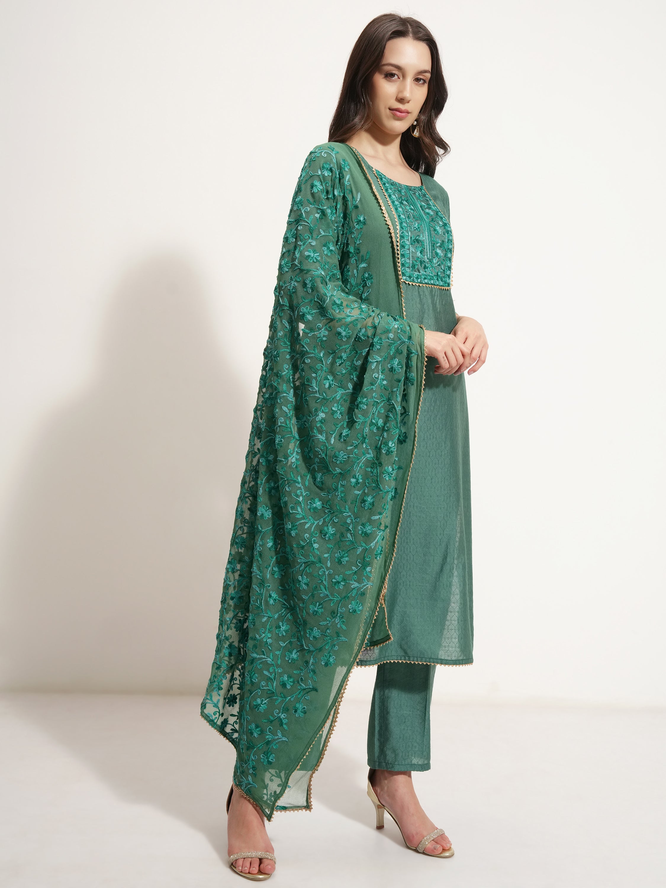 Vishudh Women Green Embroidered Kurta With Trouser And Dupatta - Green - Image 6