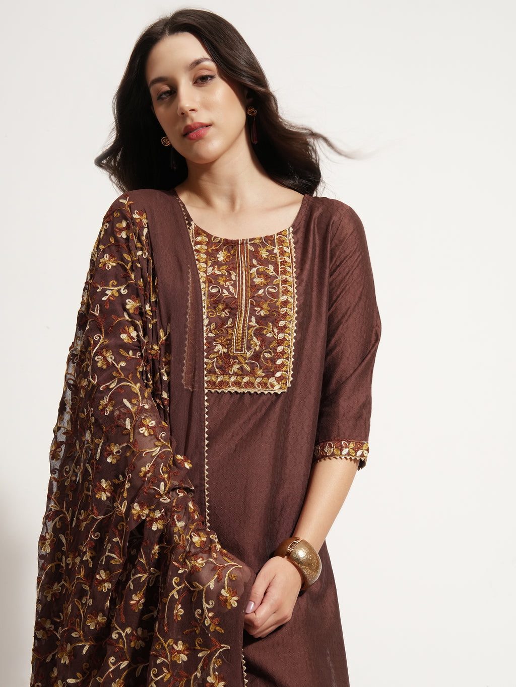 Vishudh Women Brown Embroidered Kurta With Trouser And Dupatta - Brown - Image 1