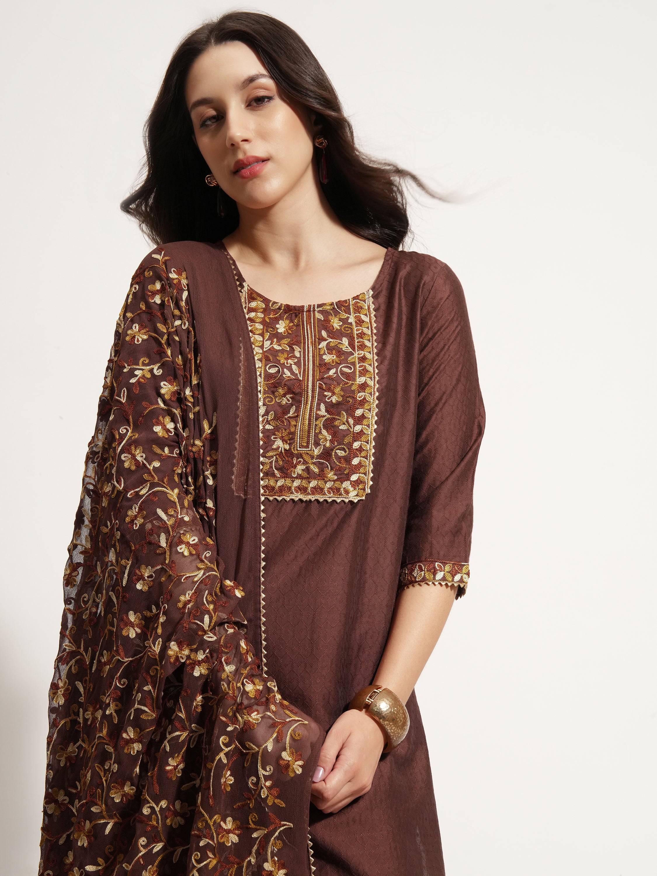 Vishudh Women Brown Embroidered Kurta With Trouser And Dupatta - Brown - Image 1