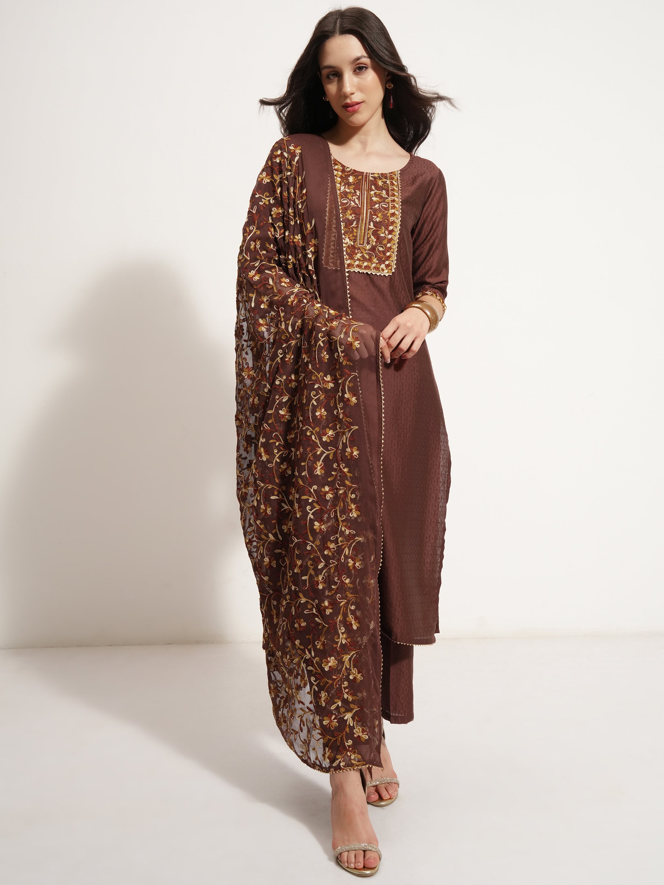 Vishudh Women Brown Embroidered Kurta With Trouser And Dupatta - Brown - Image 2
