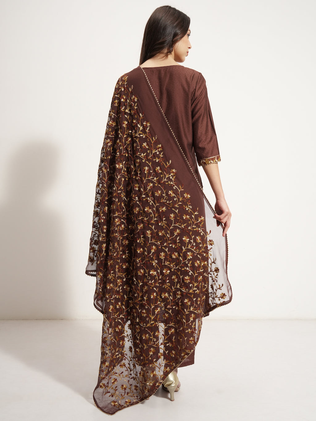 Vishudh Women Brown Embroidered Kurta With Trouser And Dupatta - Brown - Image 3