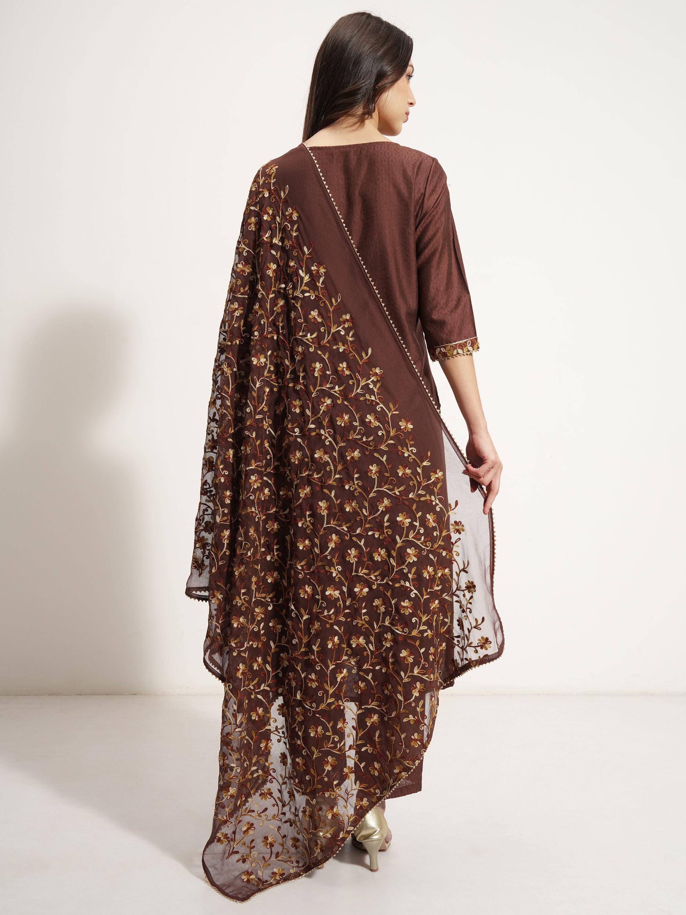 Vishudh Women Brown Embroidered Kurta With Trouser And Dupatta - Brown - Image 3