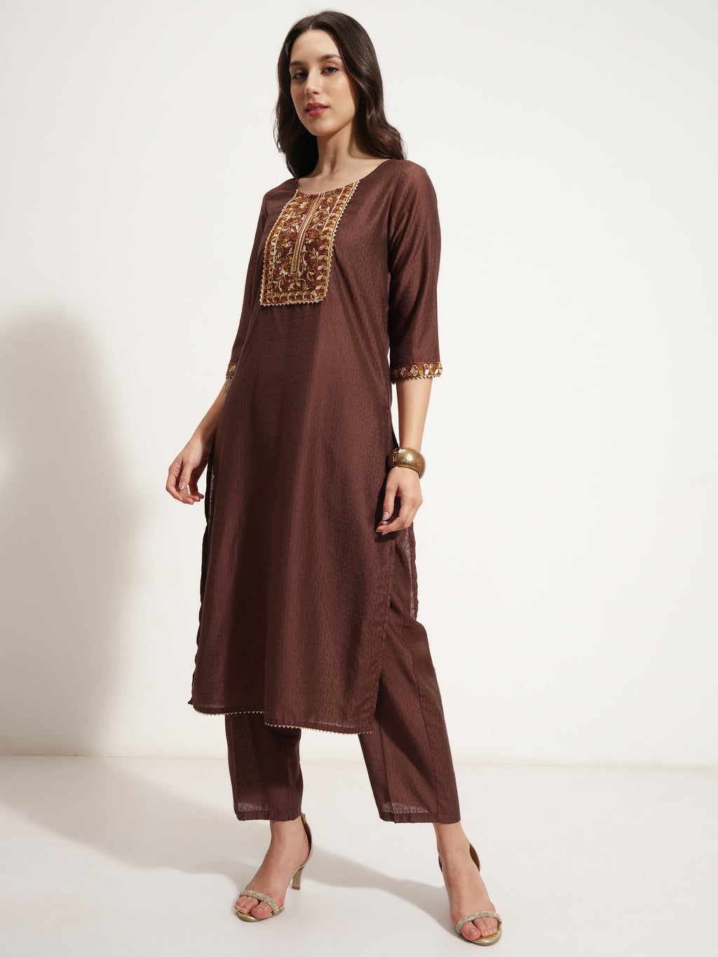 Vishudh Women Brown Embroidered Kurta With Trouser And Dupatta - Brown - Image 4