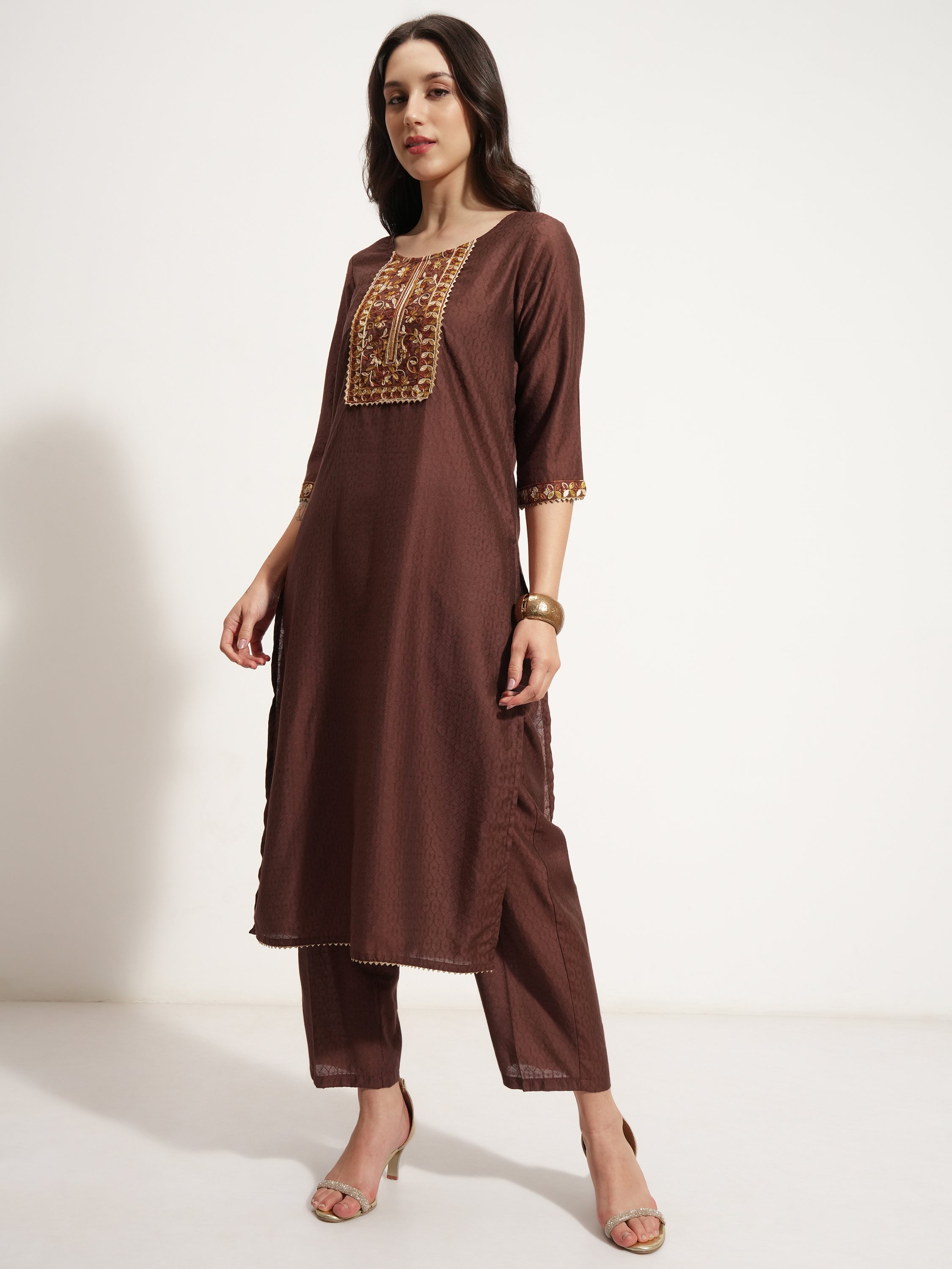 Vishudh Women Brown Embroidered Kurta With Trouser And Dupatta - Brown - Image 4