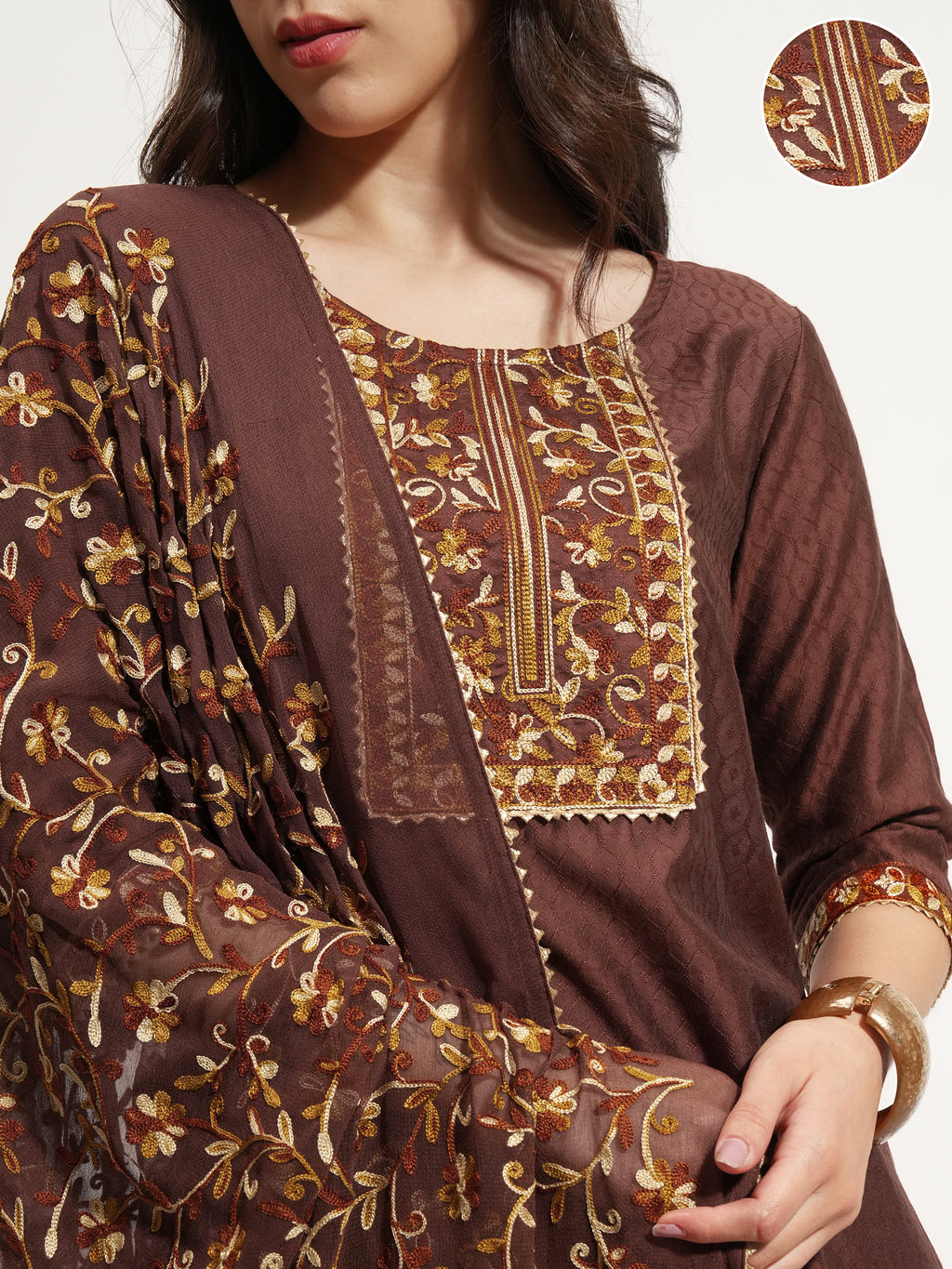 Vishudh Women Brown Embroidered Kurta With Trouser And Dupatta - Brown - Image 5