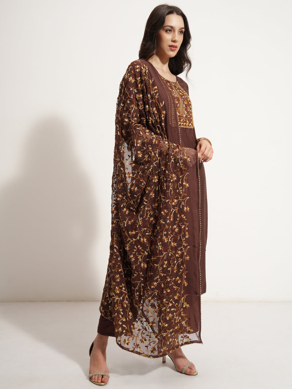 Vishudh Women Brown Embroidered Kurta With Trouser And Dupatta - Brown - Image 6